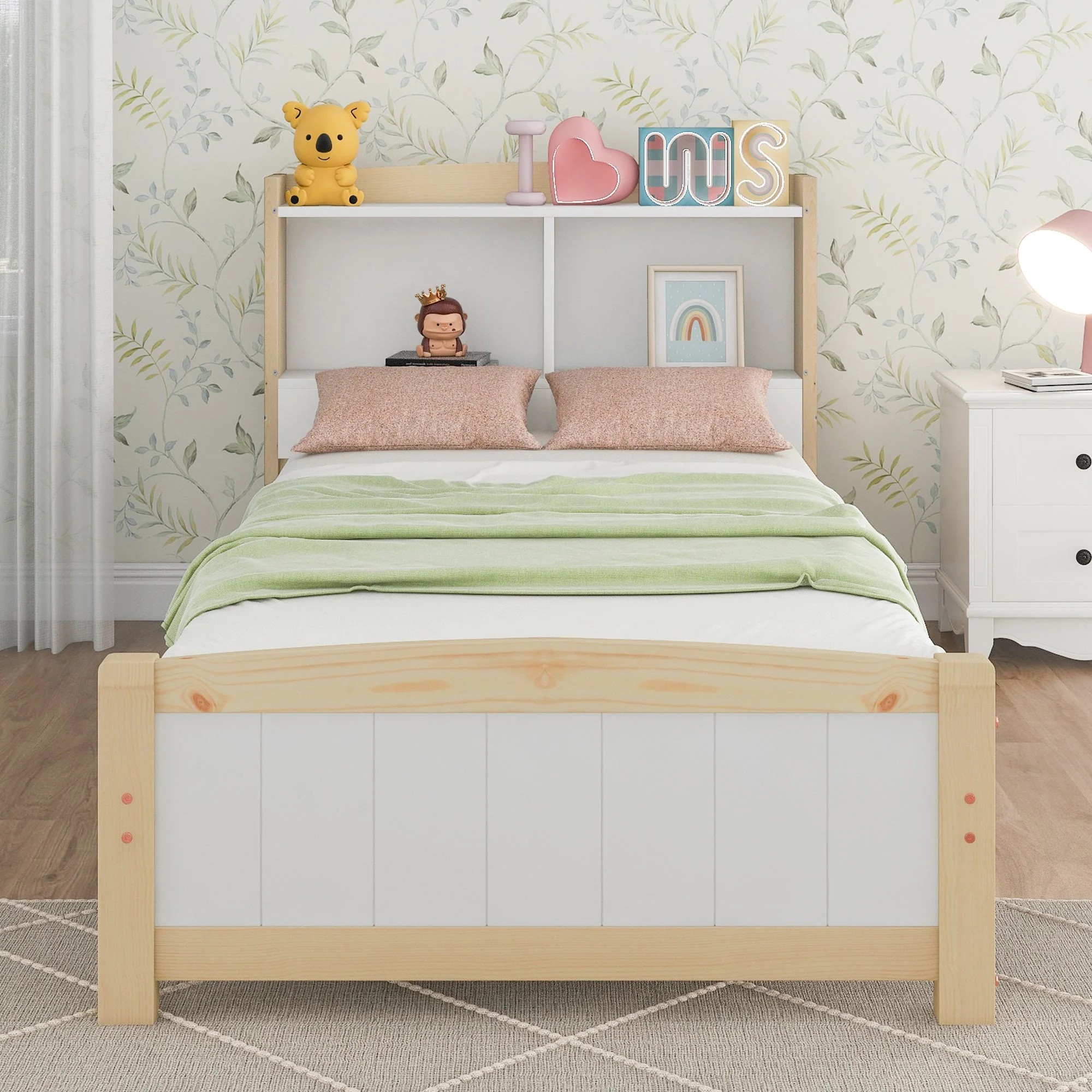 Solid Wood Single Bed with Storage Headboard, 90 x 200 cm, Pine, Natural and White - Image 12