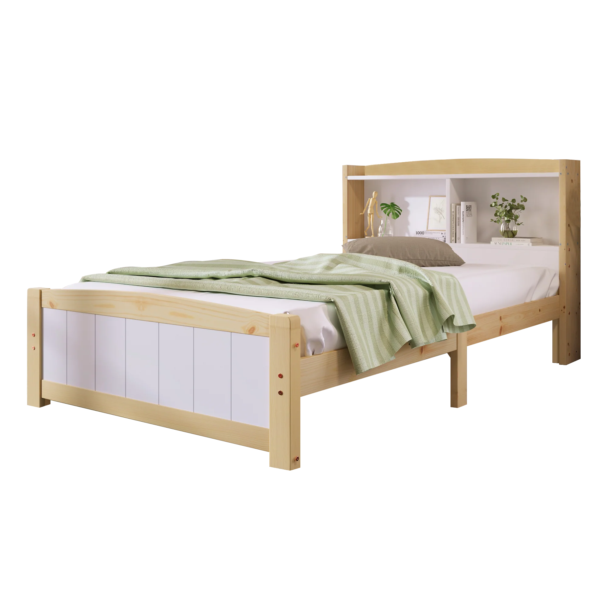 Solid Wood Single Bed with Storage Headboard, 90 x 200 cm, Pine, Natural and White - Image 3