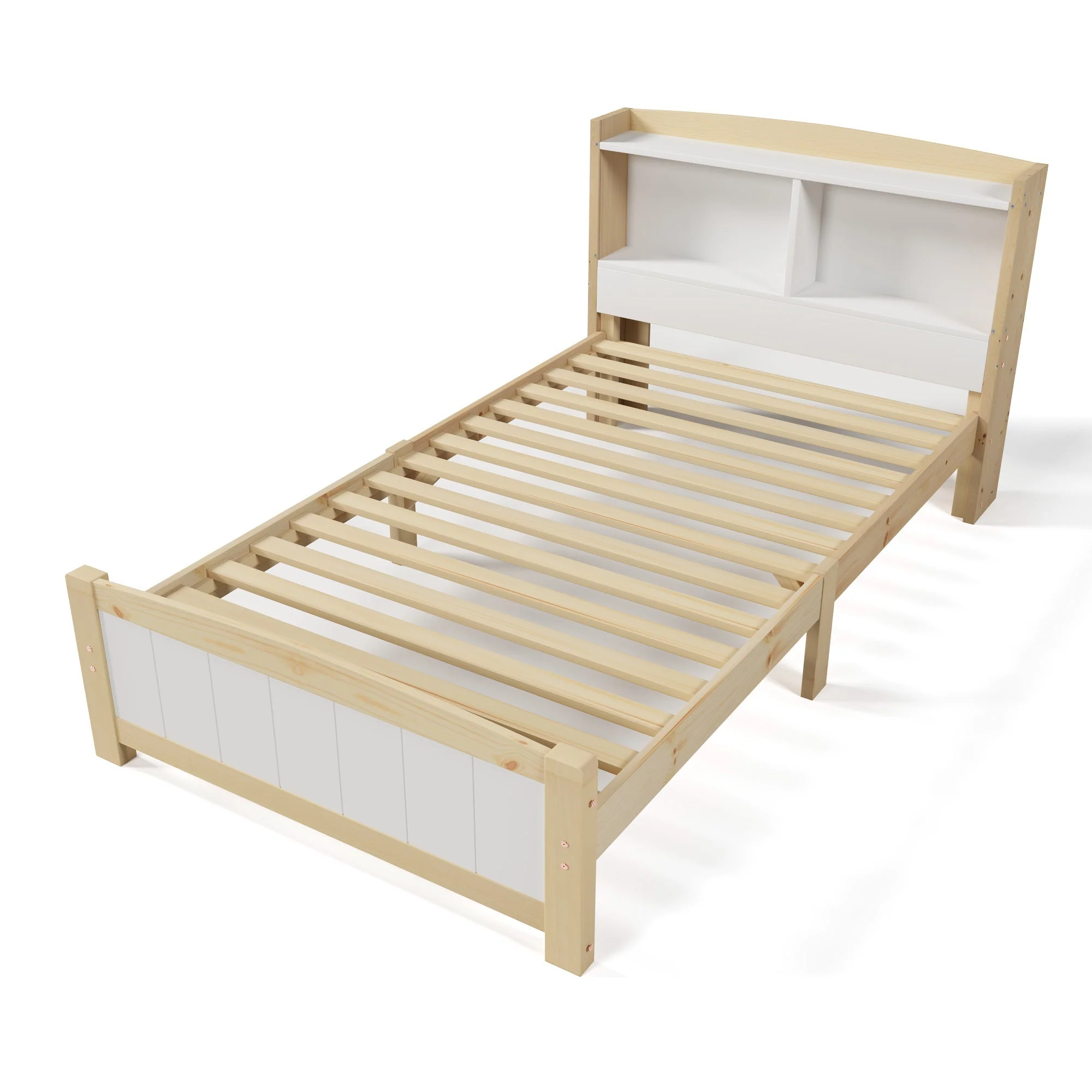 Solid Wood Single Bed with Storage Headboard, 90 x 200 cm, Pine, Natural and White - Image 9