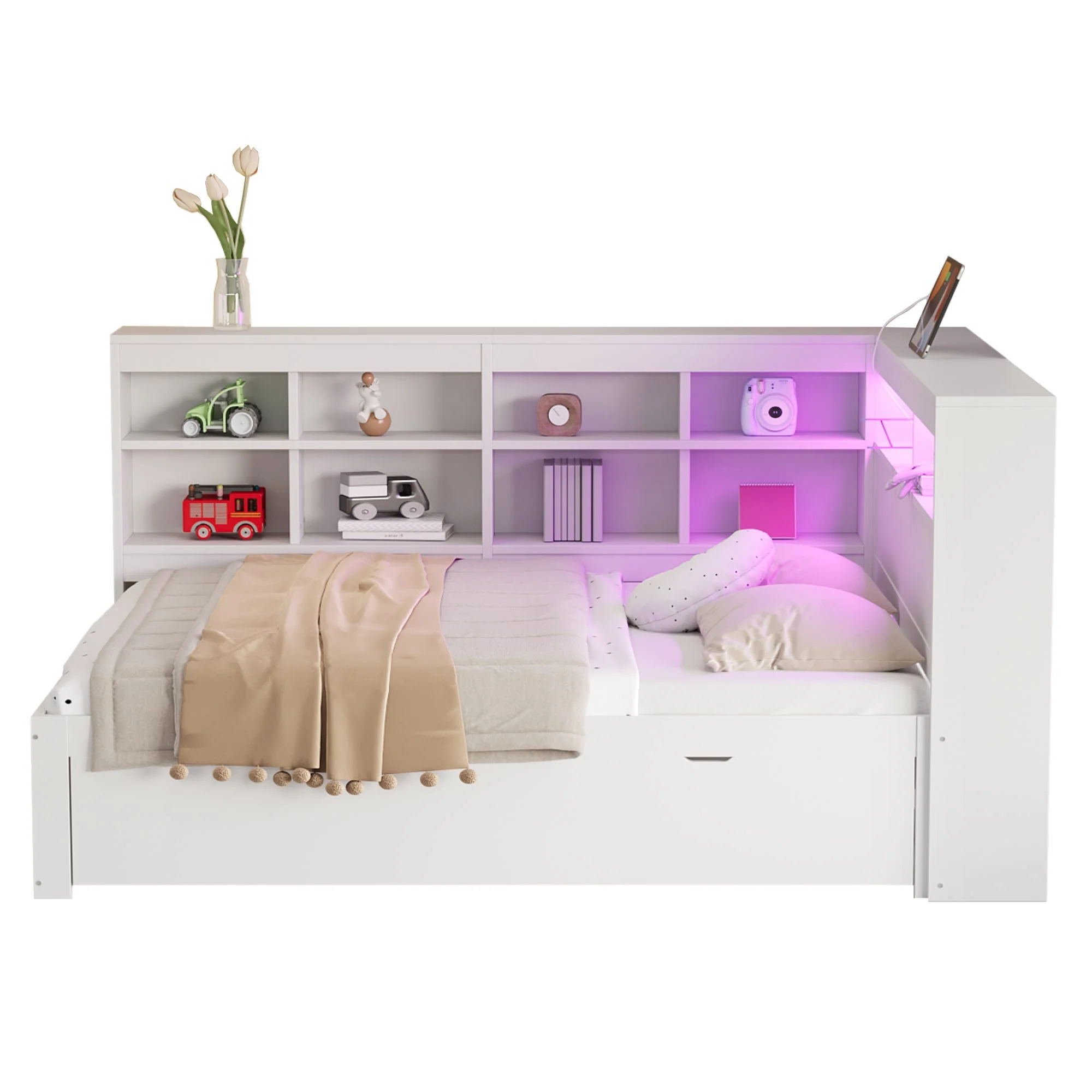 Solid Wood Sofa, 140x200cm Double Bed with Drawers, USB, LED, Shelves, White - Image 10