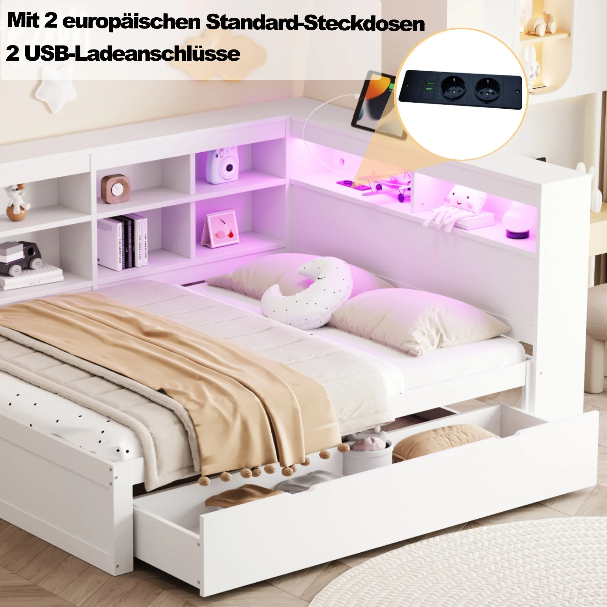 Solid Wood Sofa, 140x200cm Double Bed with Drawers, USB, LED, Shelves, White - Image 3
