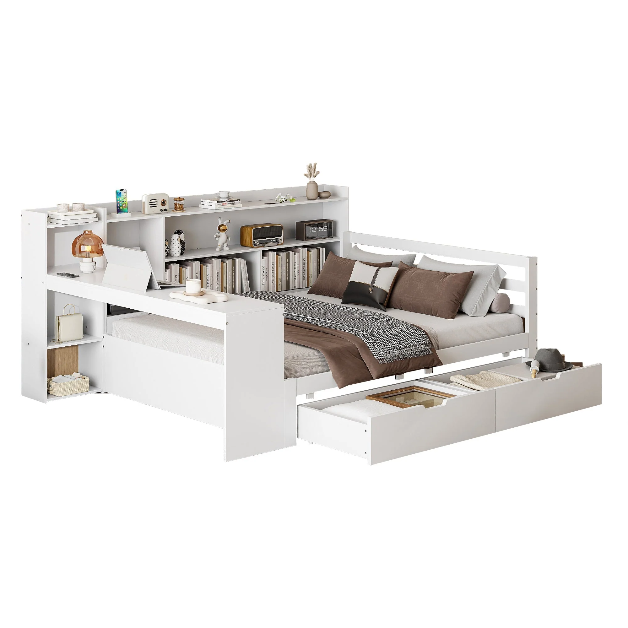 Solid Wood Sofa Bed, 140x200 cm, with Desk, Bookshelf, Storage, Power Outlet, White - Image 8