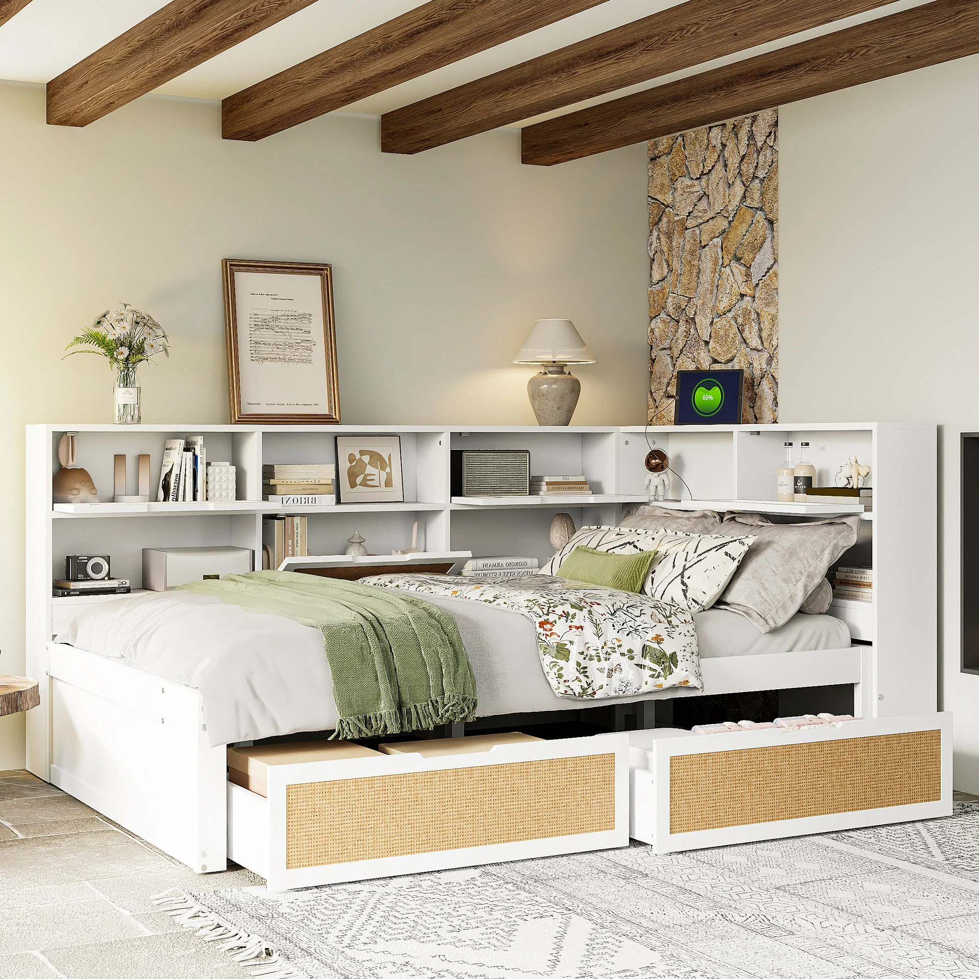 Solid Wood Sofa Bed 140x200 Multifunctional Single/Children's Storage Charging Port, White - Image 3