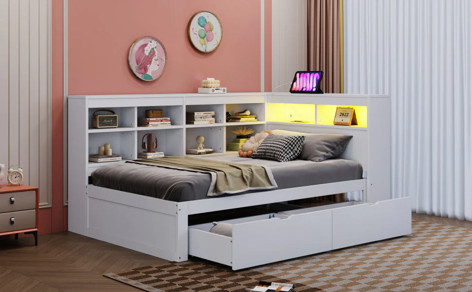 Solid Wood Sofa Bed 90x200cm Multifunctional USB/LED Storage, White - Image 8