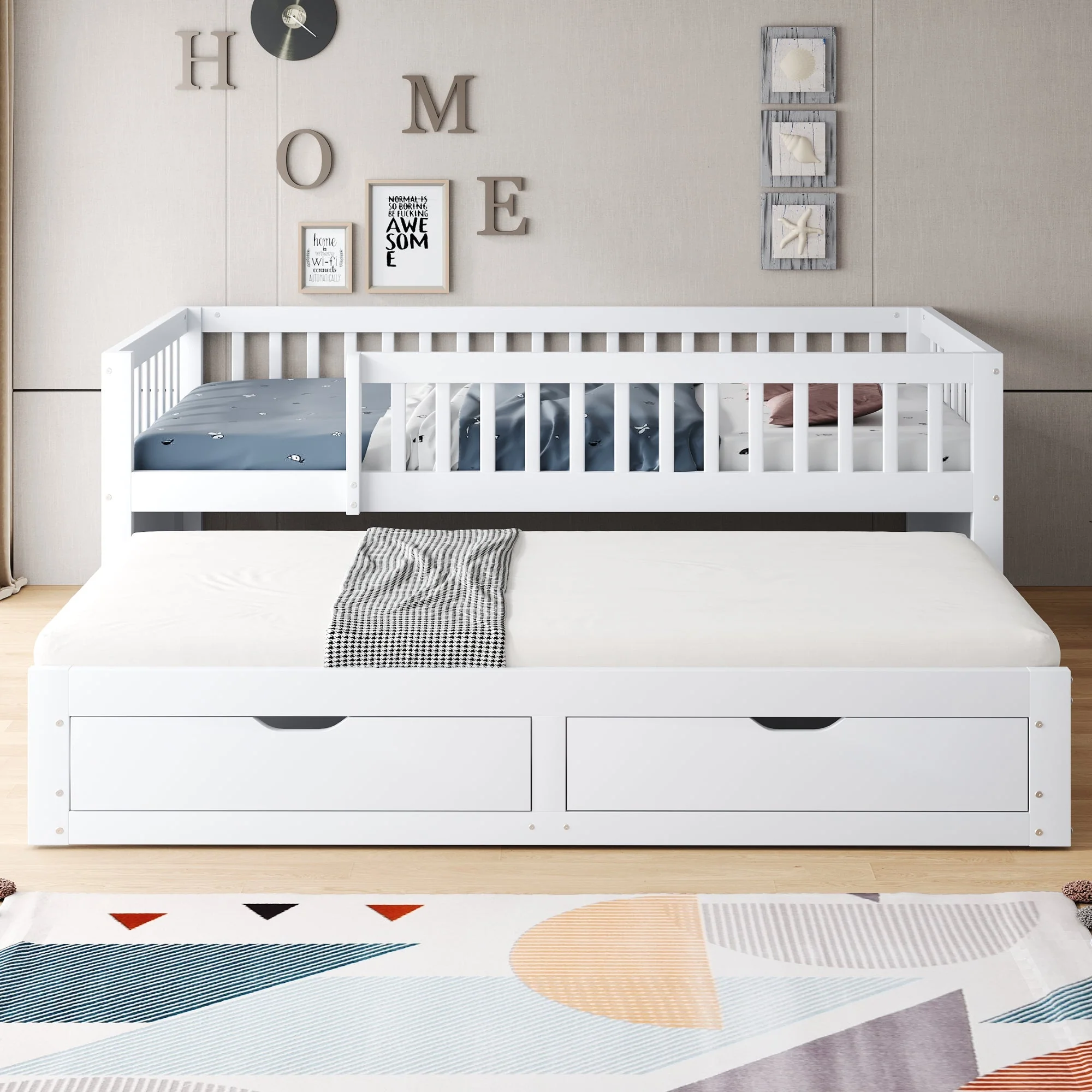 Solid Wood Sofa Bed, Pull-Out 90x200cm Safety Rail Storage, White - Image 2
