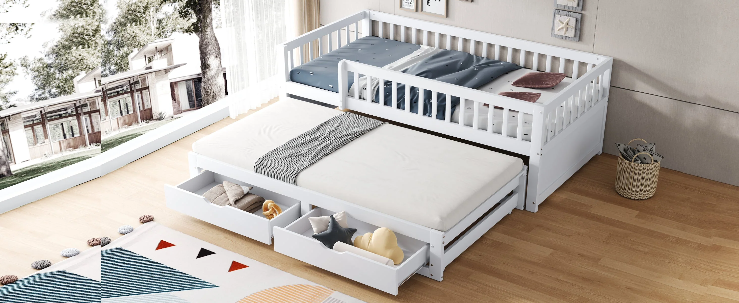 Solid Wood Sofa Bed, Pull-Out 90x200cm Safety Rail Storage, White - Image 6