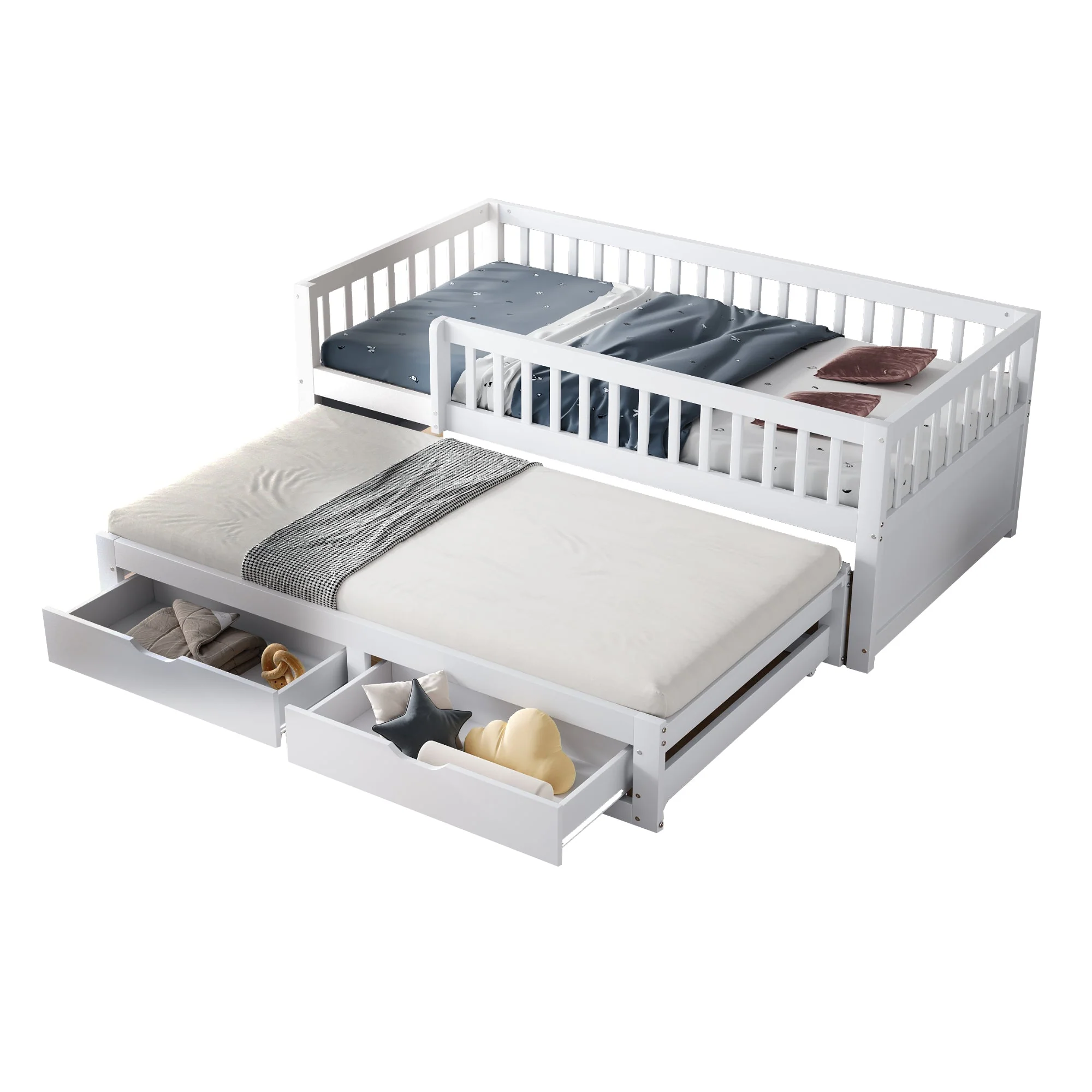 Solid Wood Sofa Bed, Pull-Out 90x200cm Safety Rail Storage, White - Image 7