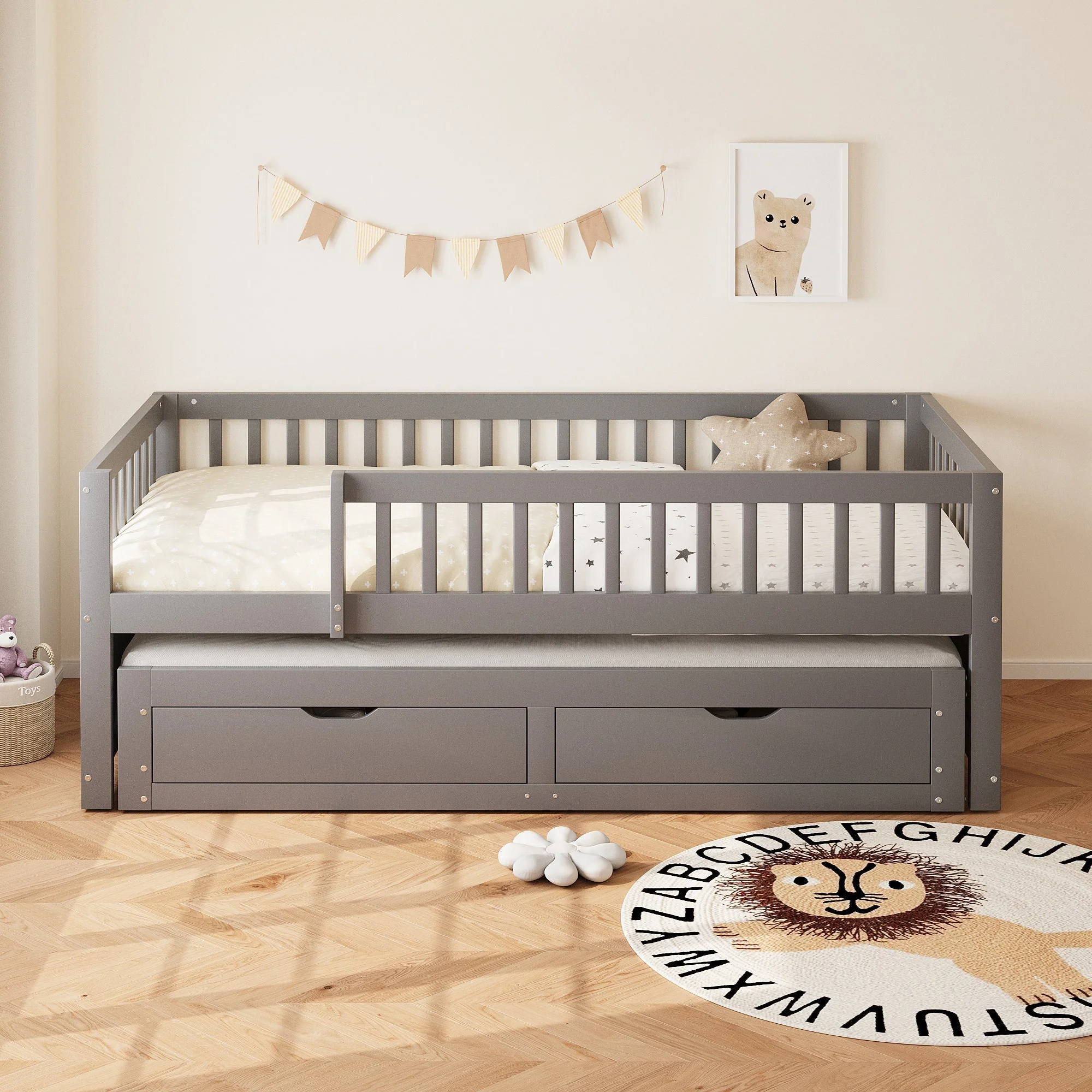 Solid Wood Sofa Bed, Pull-out Storage Drawers Safety Rail 90x200cm, Grey - Image 2
