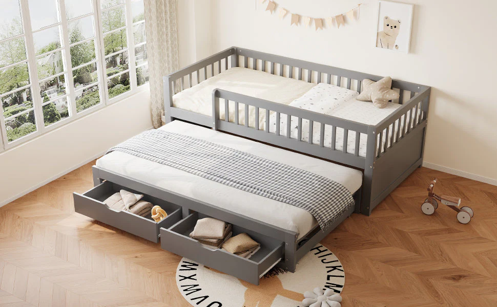 Solid Wood Sofa Bed, Pull-out Storage Drawers Safety Rail 90x200cm, Grey - Image 4