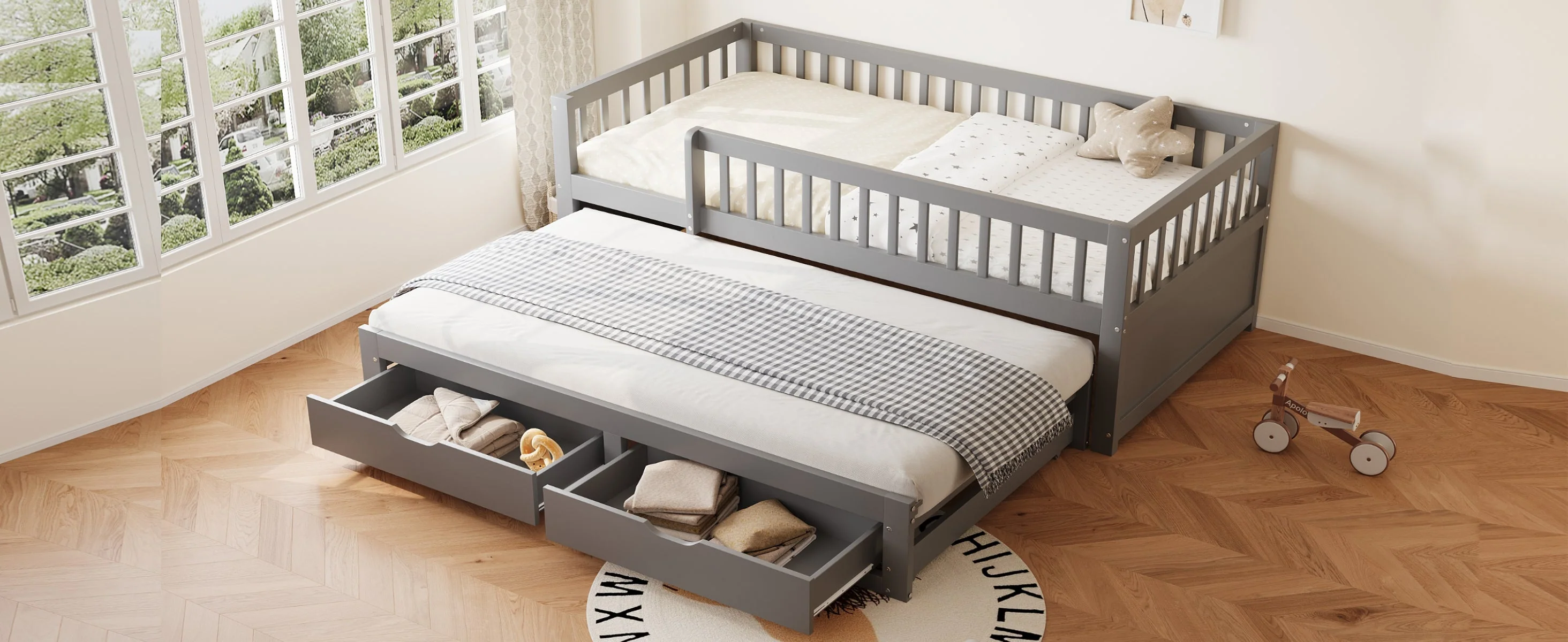 Solid Wood Sofa Bed, Pull-out Storage Drawers Safety Rail 90x200cm, Grey - Image 6