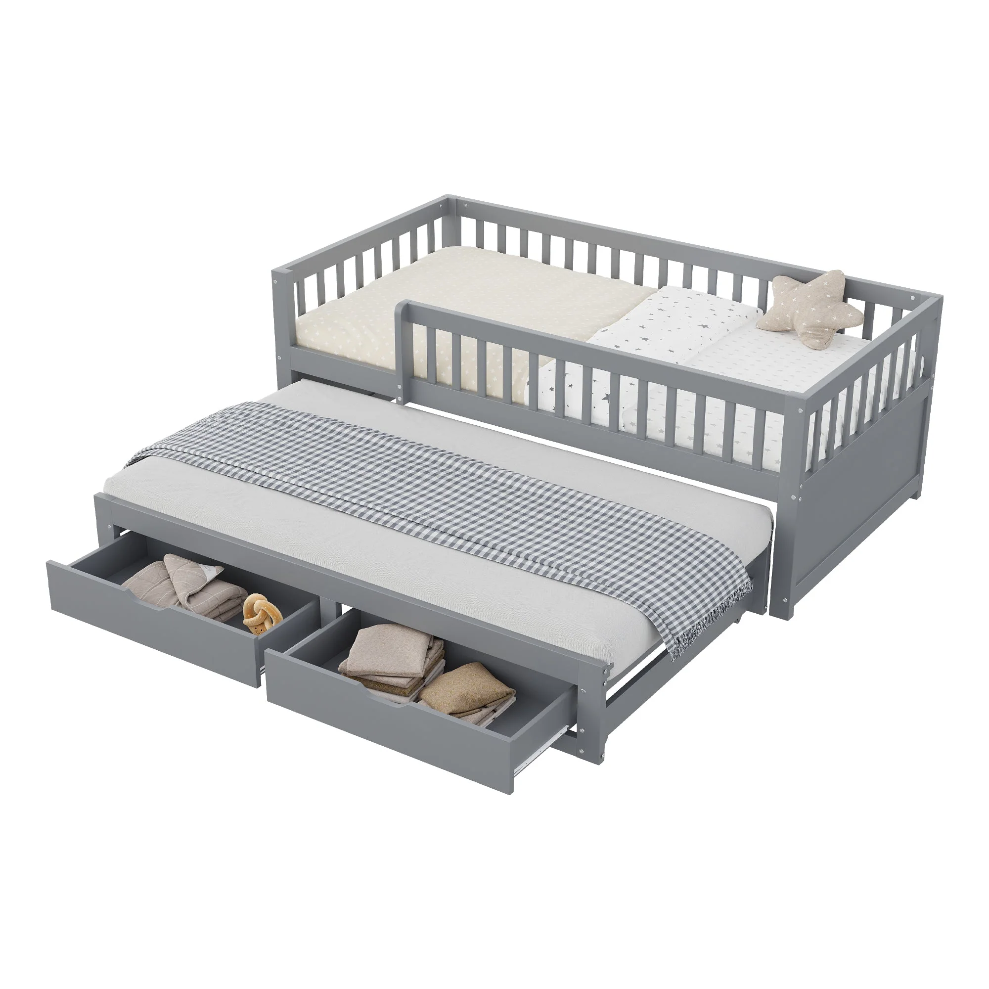 Solid Wood Sofa Bed, Pull-out Storage Drawers Safety Rail 90x200cm, Grey - Image 7