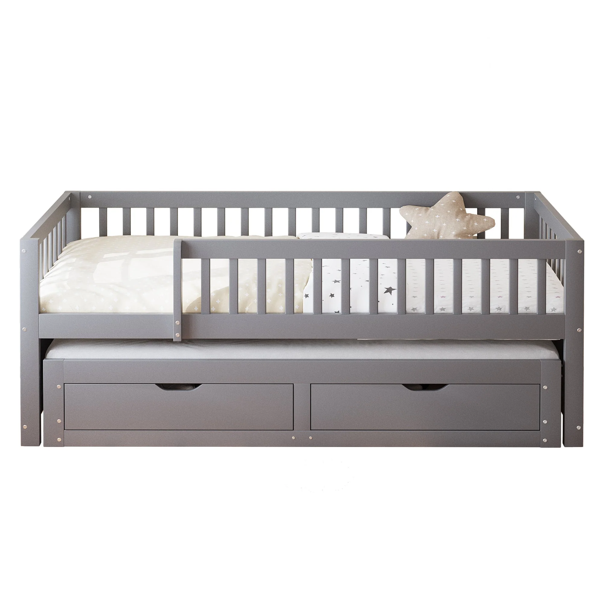 Solid Wood Sofa Bed, Pull-out Storage Drawers Safety Rail 90x200cm, Grey - Image 8