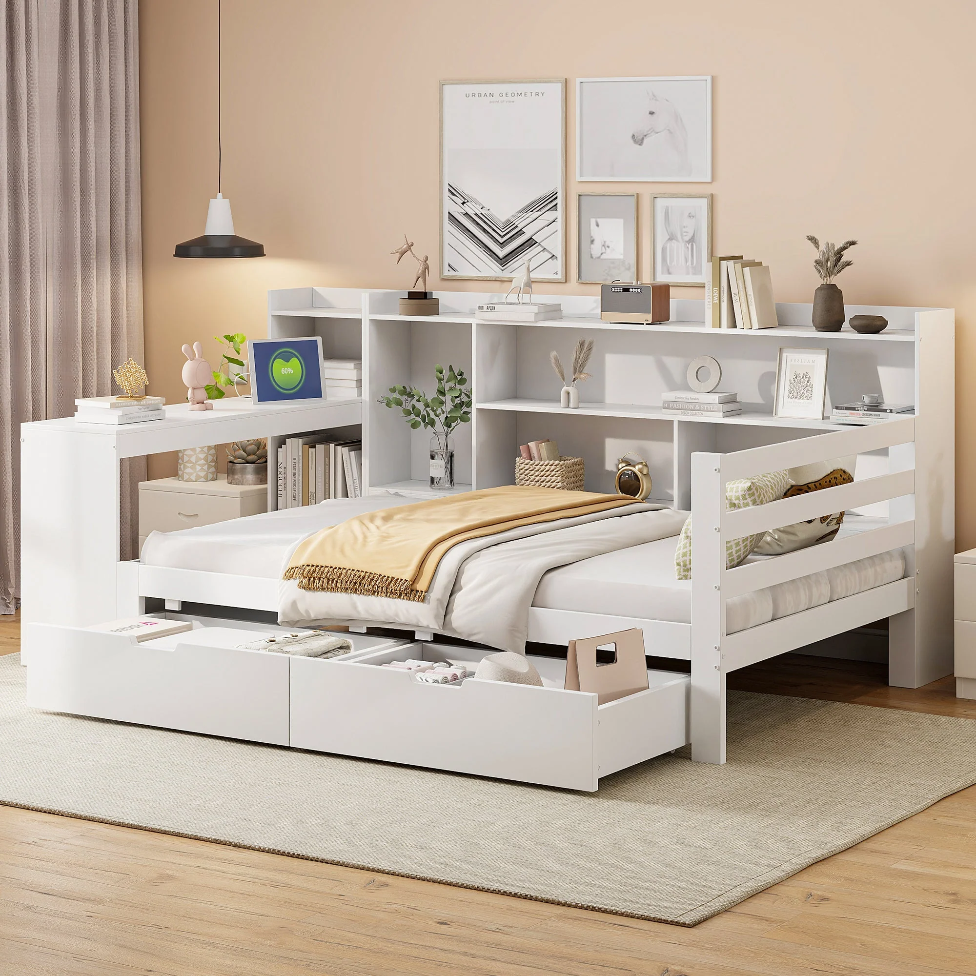 Solid Wood Sofa Bed with Desk, Bookshelf, Storage, Power Outlet - White - Image 4