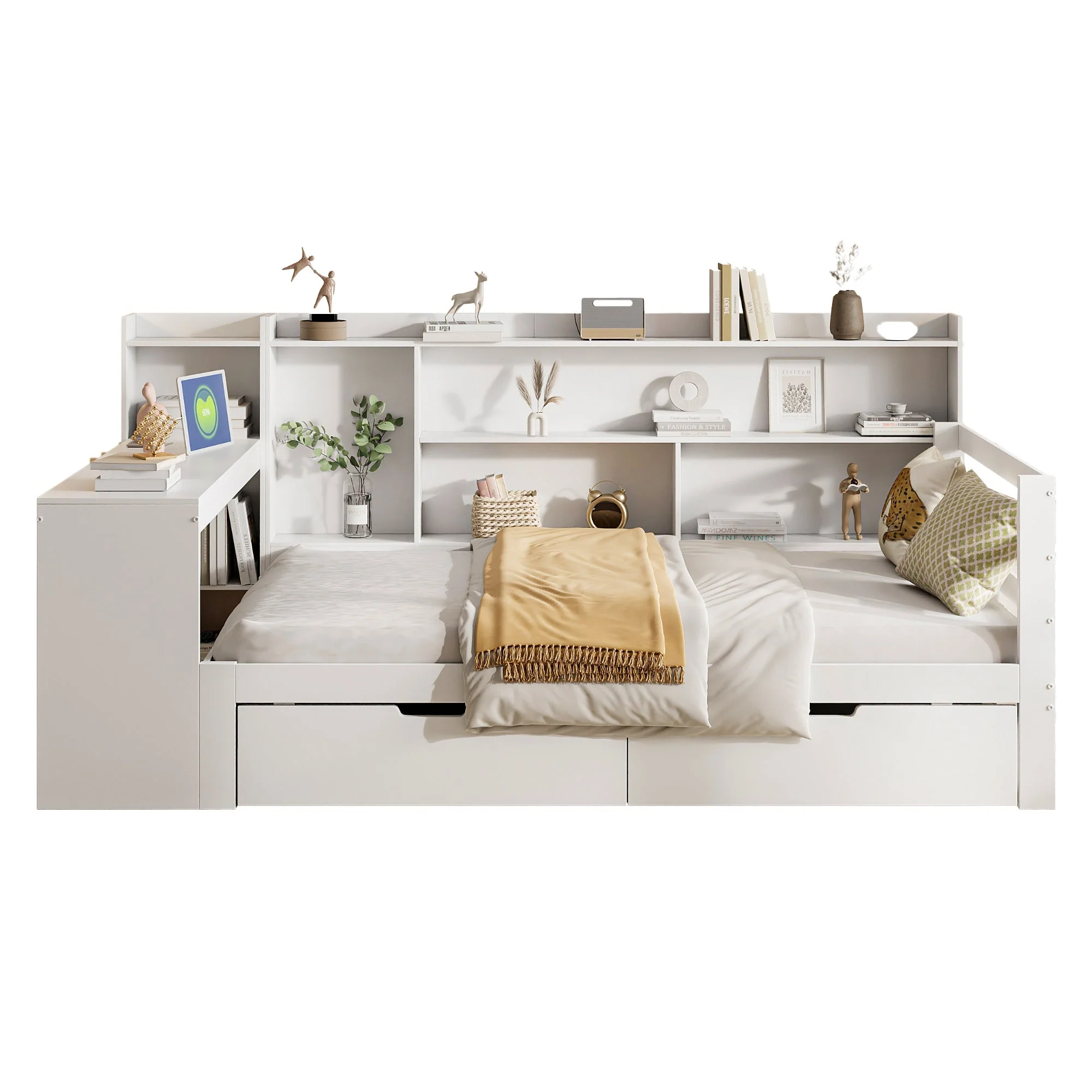 Solid Wood Sofa Bed with Desk, Bookshelf, Storage, Power Outlet - White - Image 9
