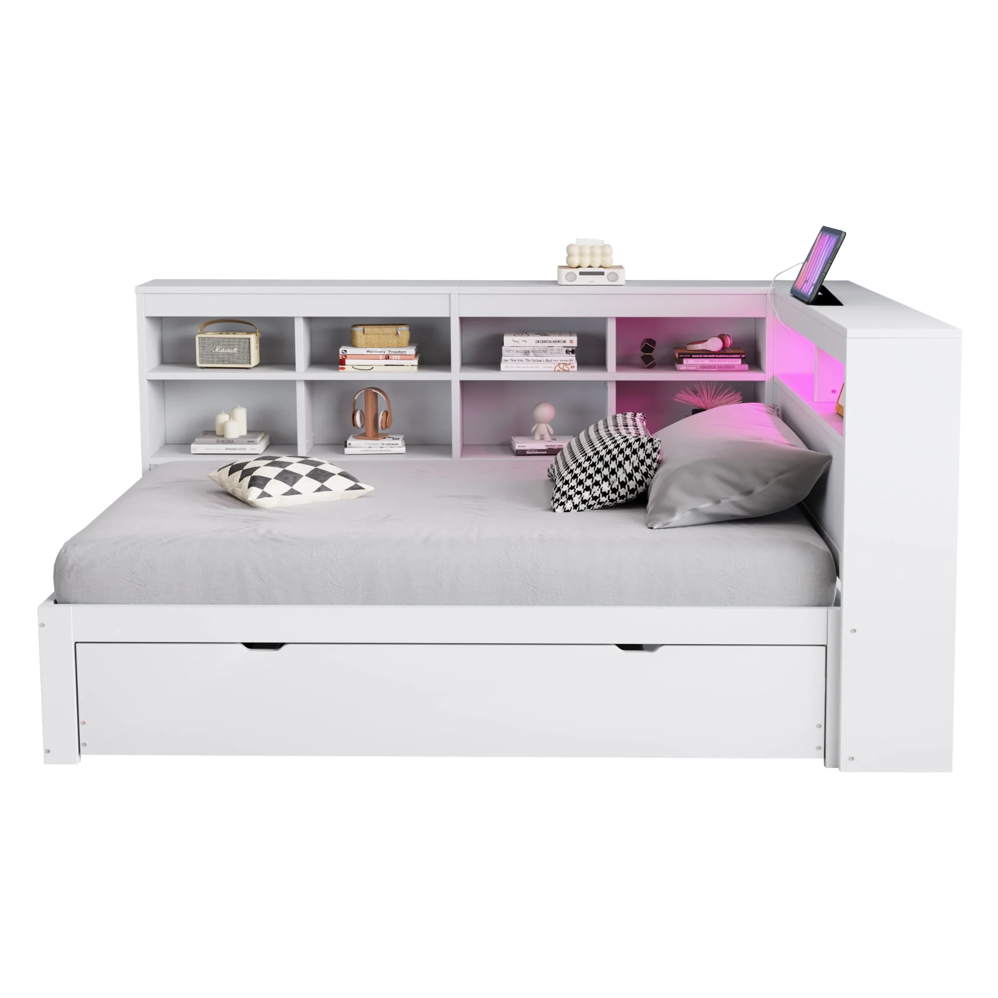 Solid Wood Sofa with Pull-Out Bed, USB & LED, White - Image 10