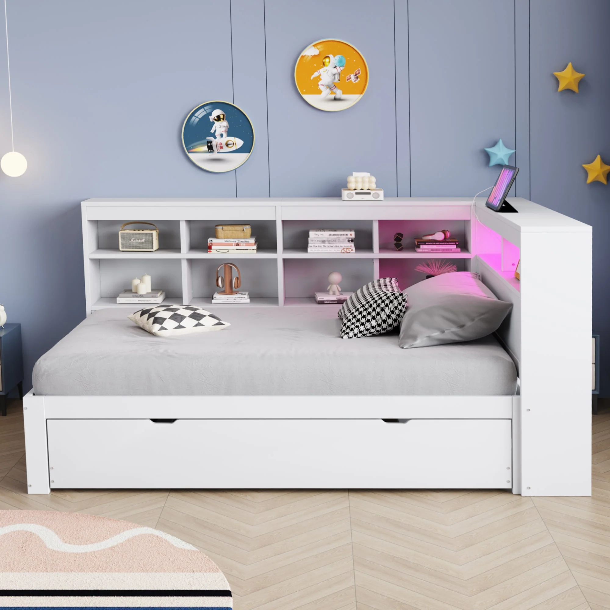 Solid Wood Sofa with Pull-Out Bed, USB & LED, White - Image 2