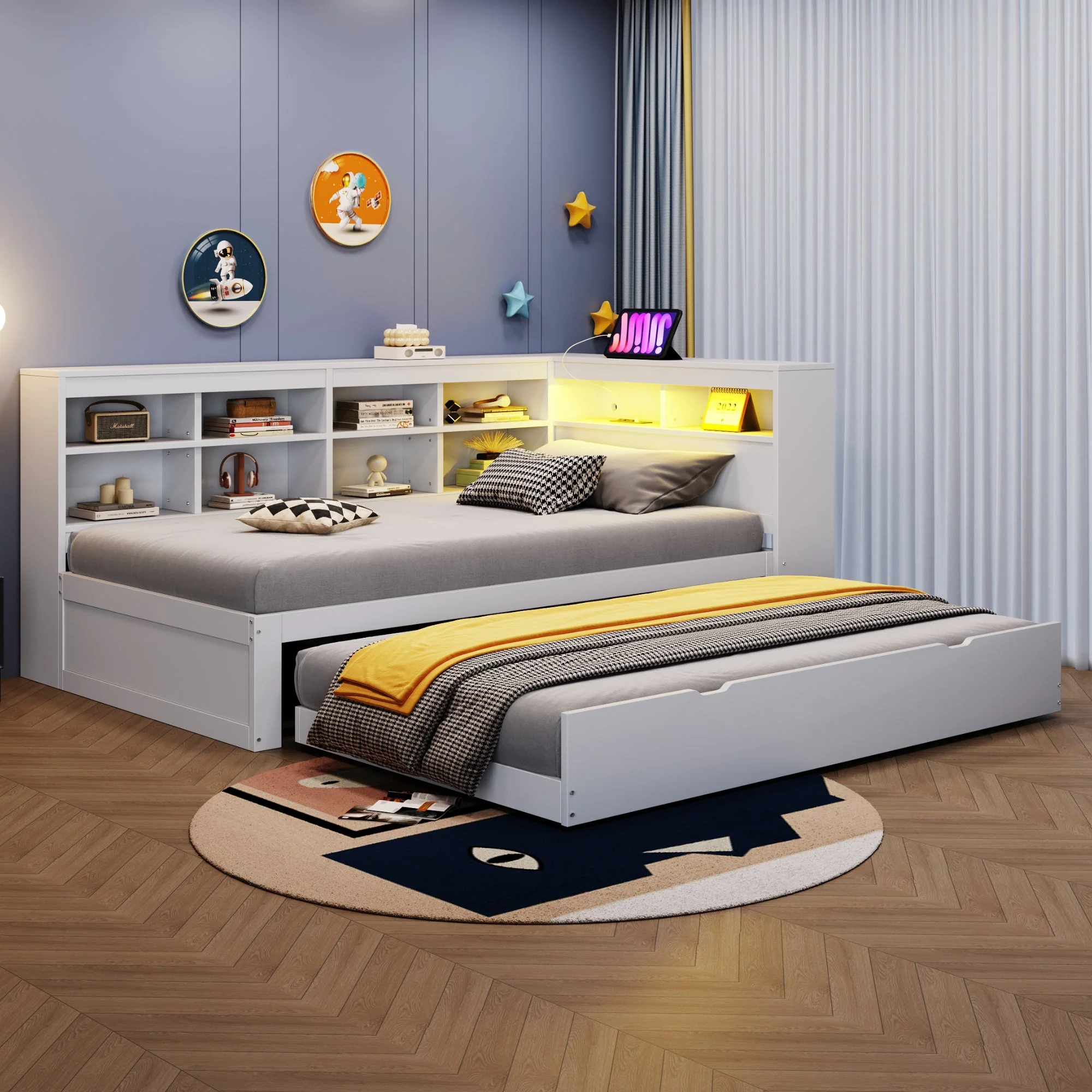 Solid Wood Sofa with Pull-Out Bed, USB & LED, White - Image 3