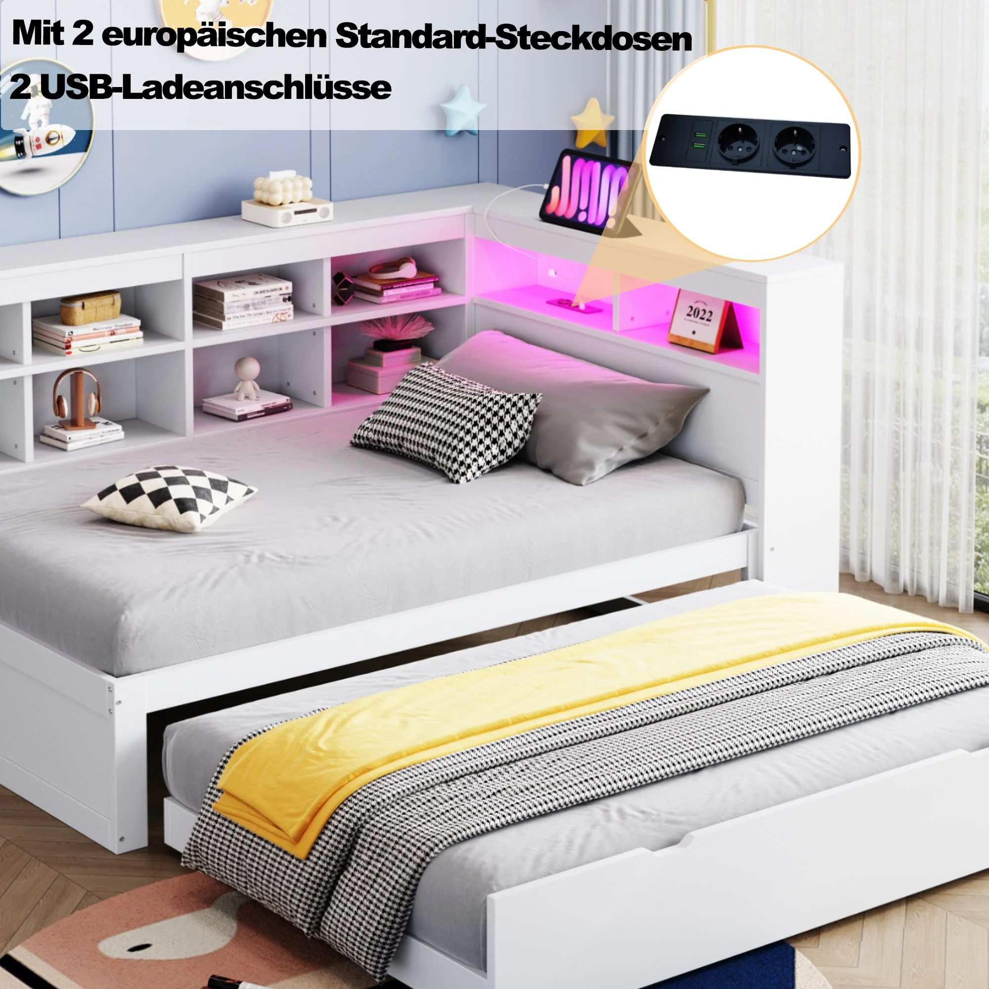 Solid Wood Sofa with Pull-Out Bed, USB & LED, White - Image 4
