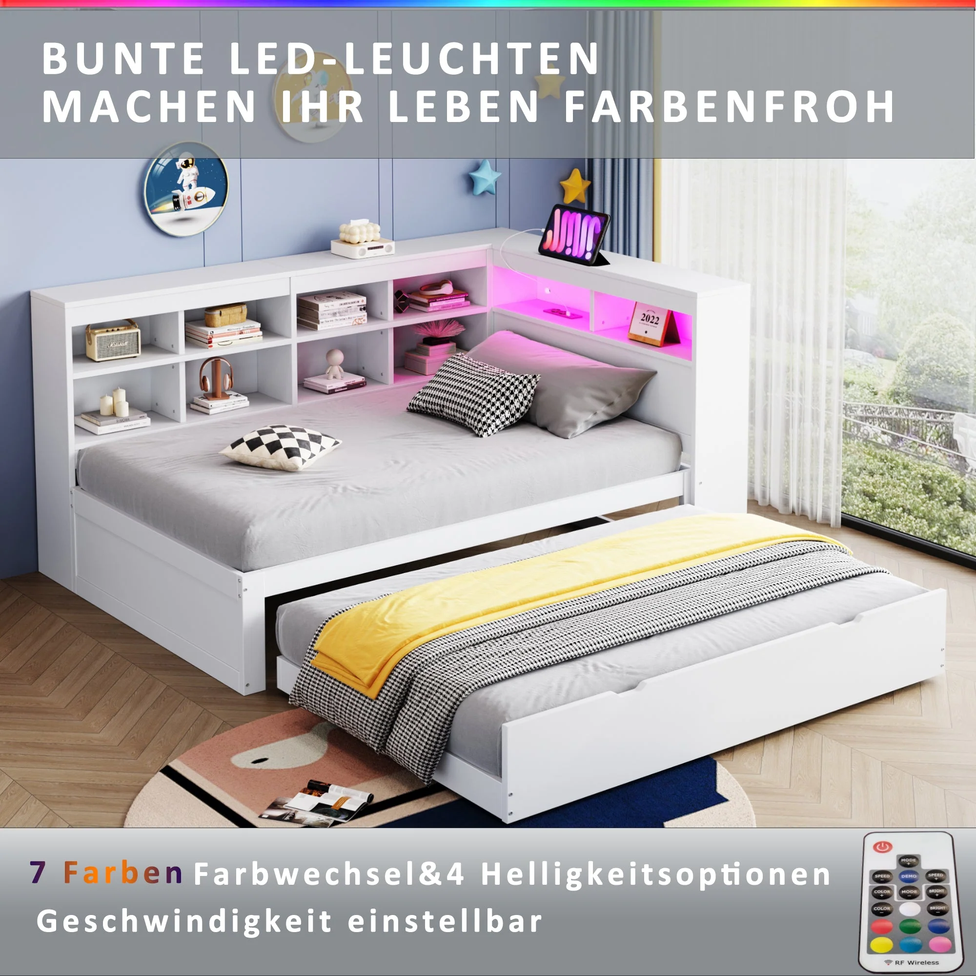 Solid Wood Sofa with Pull-Out Bed, USB & LED, White - Image 5