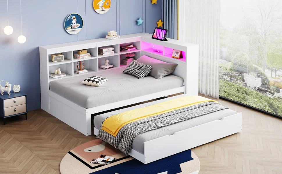Solid Wood Sofa with Pull-Out Bed, USB & LED, White - Image 6