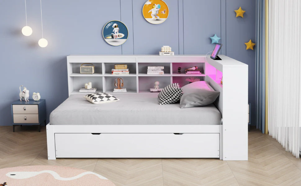 Solid Wood Sofa with Pull-Out Bed, USB & LED, White - Image 7