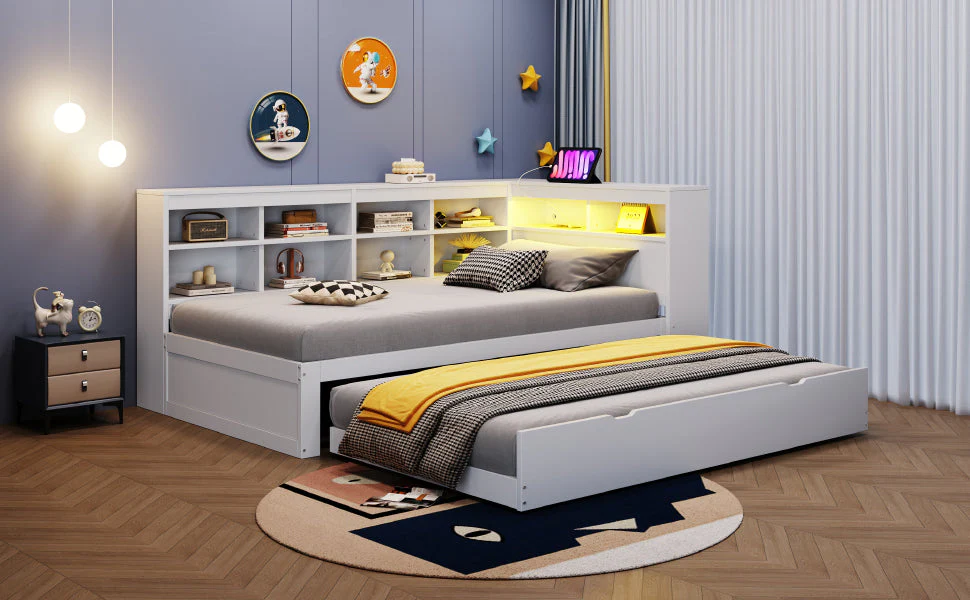 Solid Wood Sofa with Pull-Out Bed, USB & LED, White - Image 8