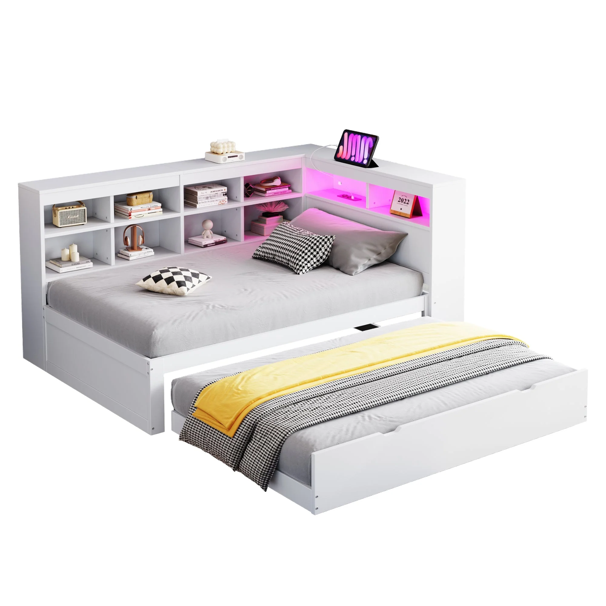 Solid Wood Sofa with Pull-Out Bed, USB & LED, White - Image 9