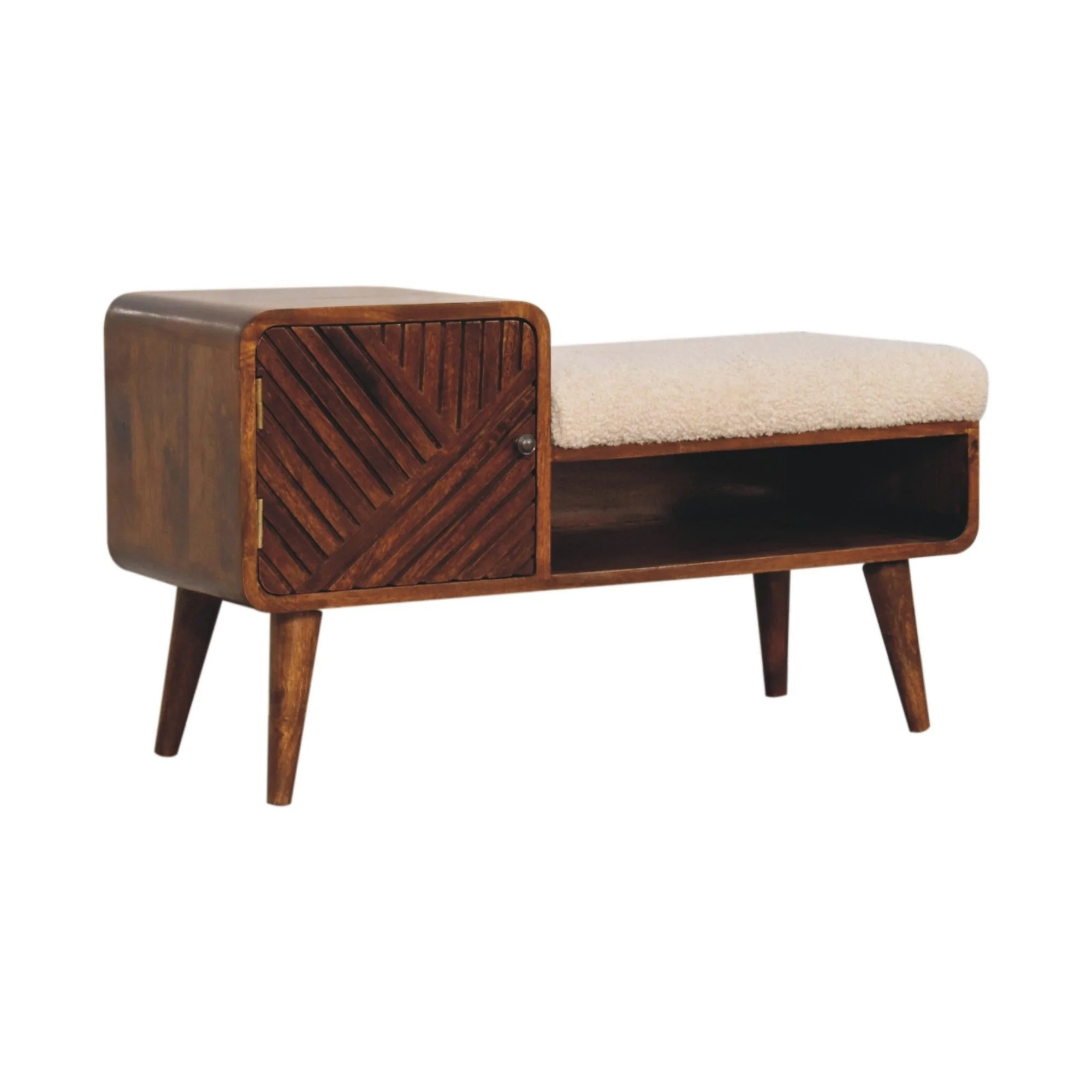 Solid Wood Telephone Table with Upholstered Boucle, 1 Drawer & Open Shelf, Dark Brown - Image 6