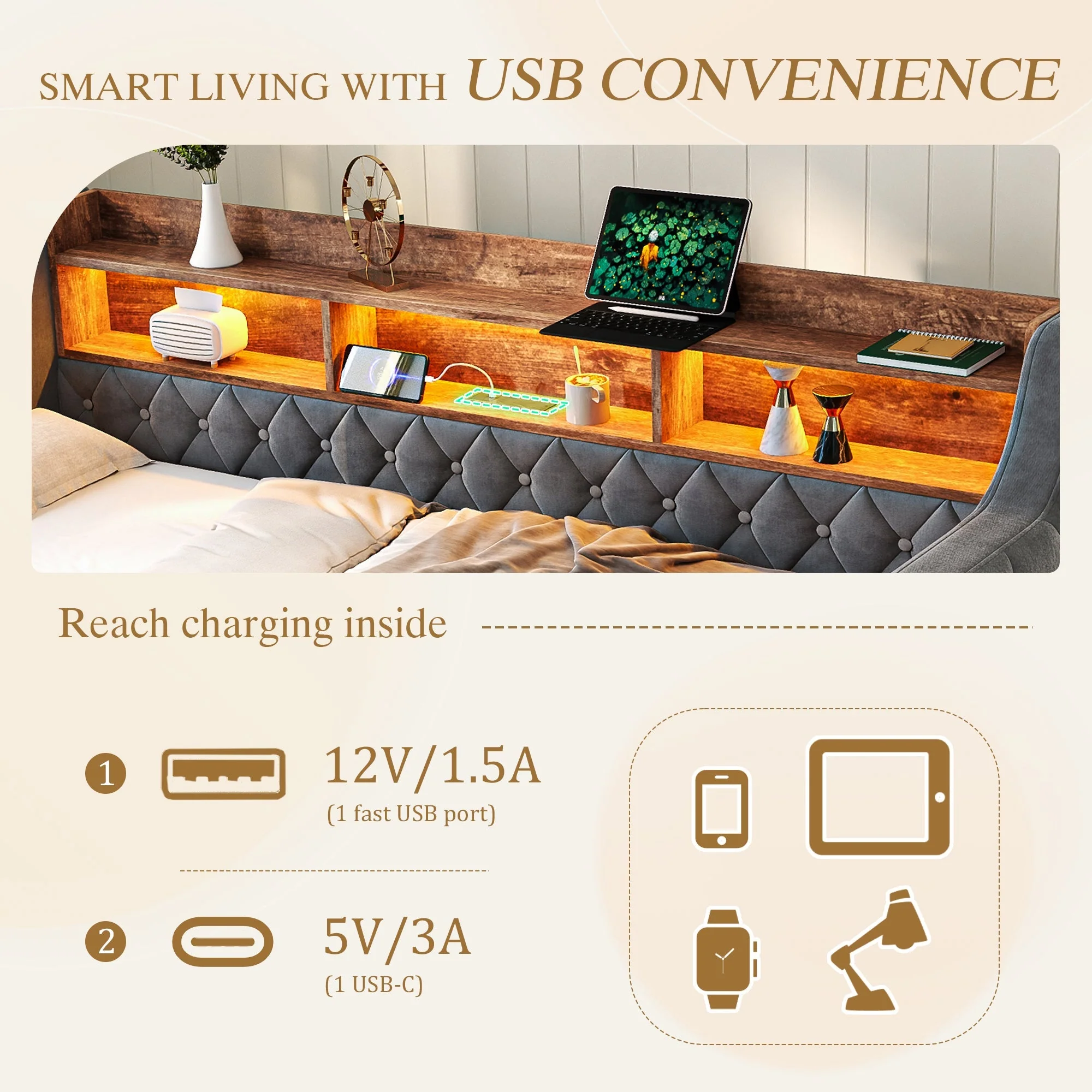 Space-saving Sofa Bed 90x190 cm with Storage, LED Ambiance & USB-C Port, Velvet Gray - Image 4