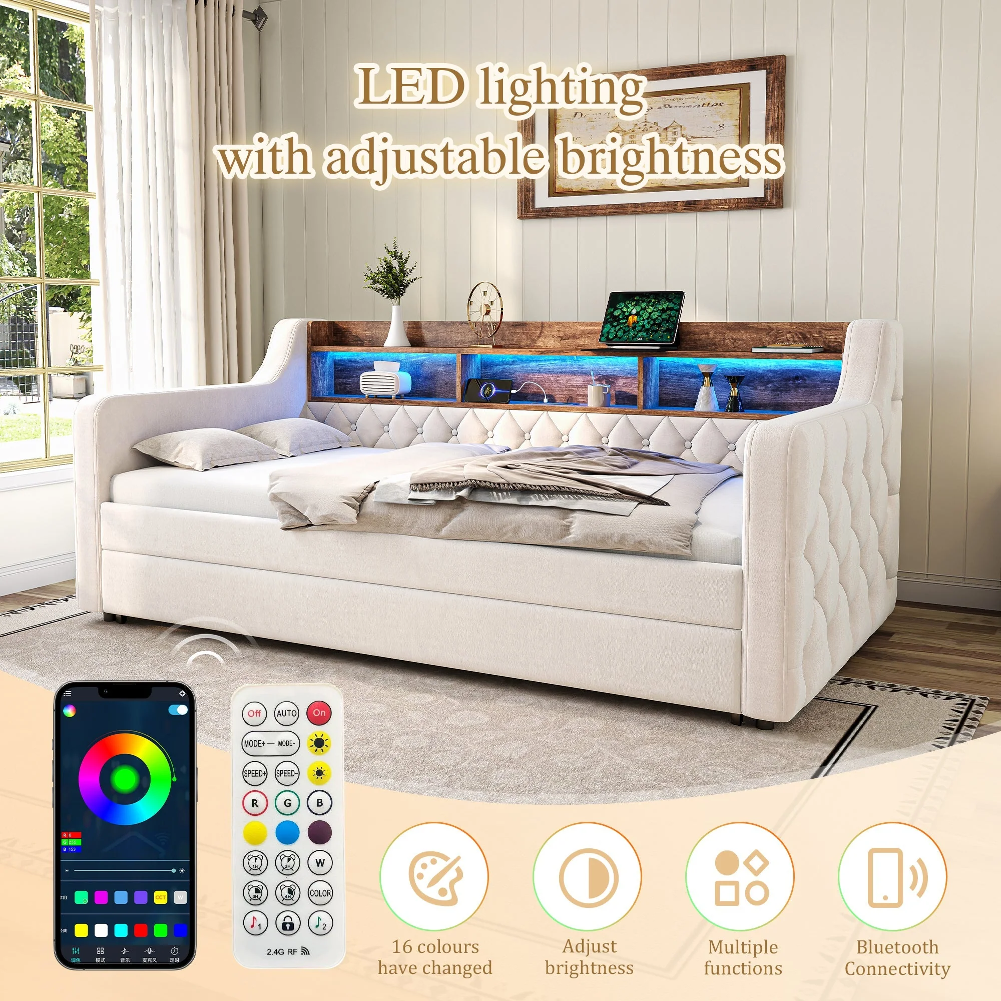 Space-saving Sofa Bed 90x190 cm with Storage, LED & USB-C Port, Velvet Beige - Image 7