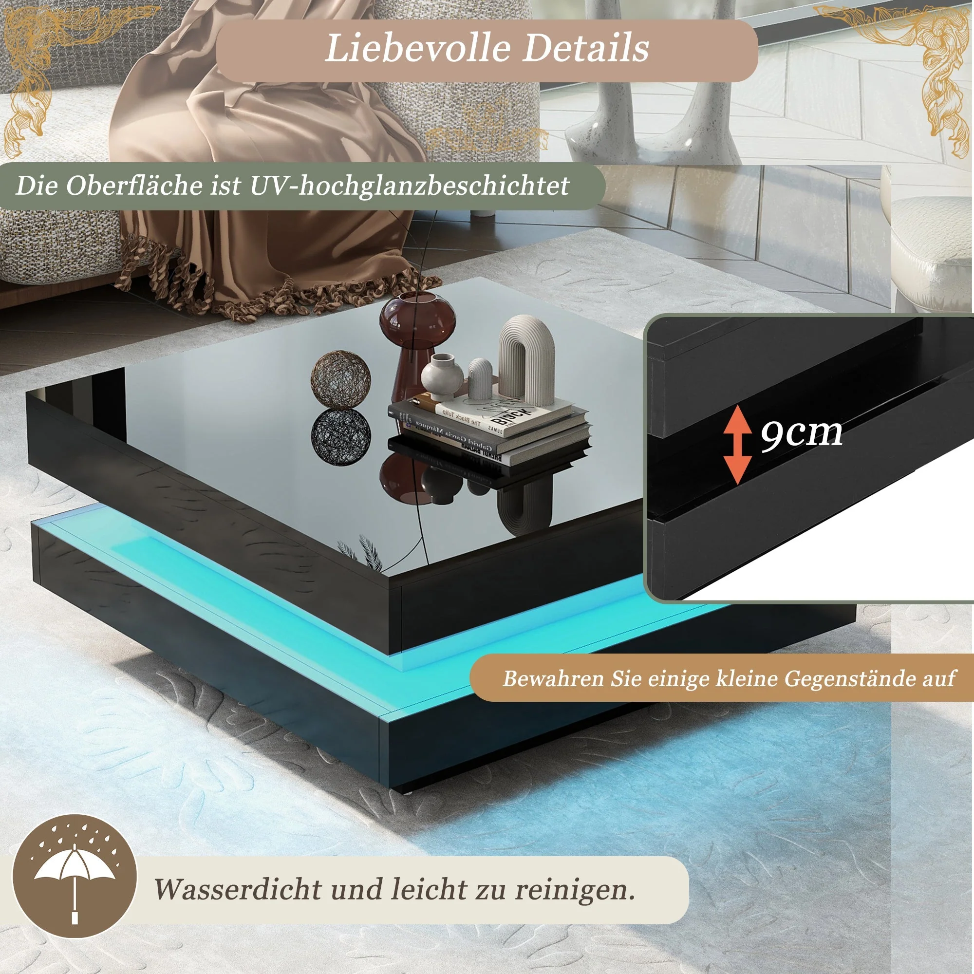 Square Coffee Table - Modern Tech, 16-Color LED Lighting, 70x70x36 cm, Black - Image 8