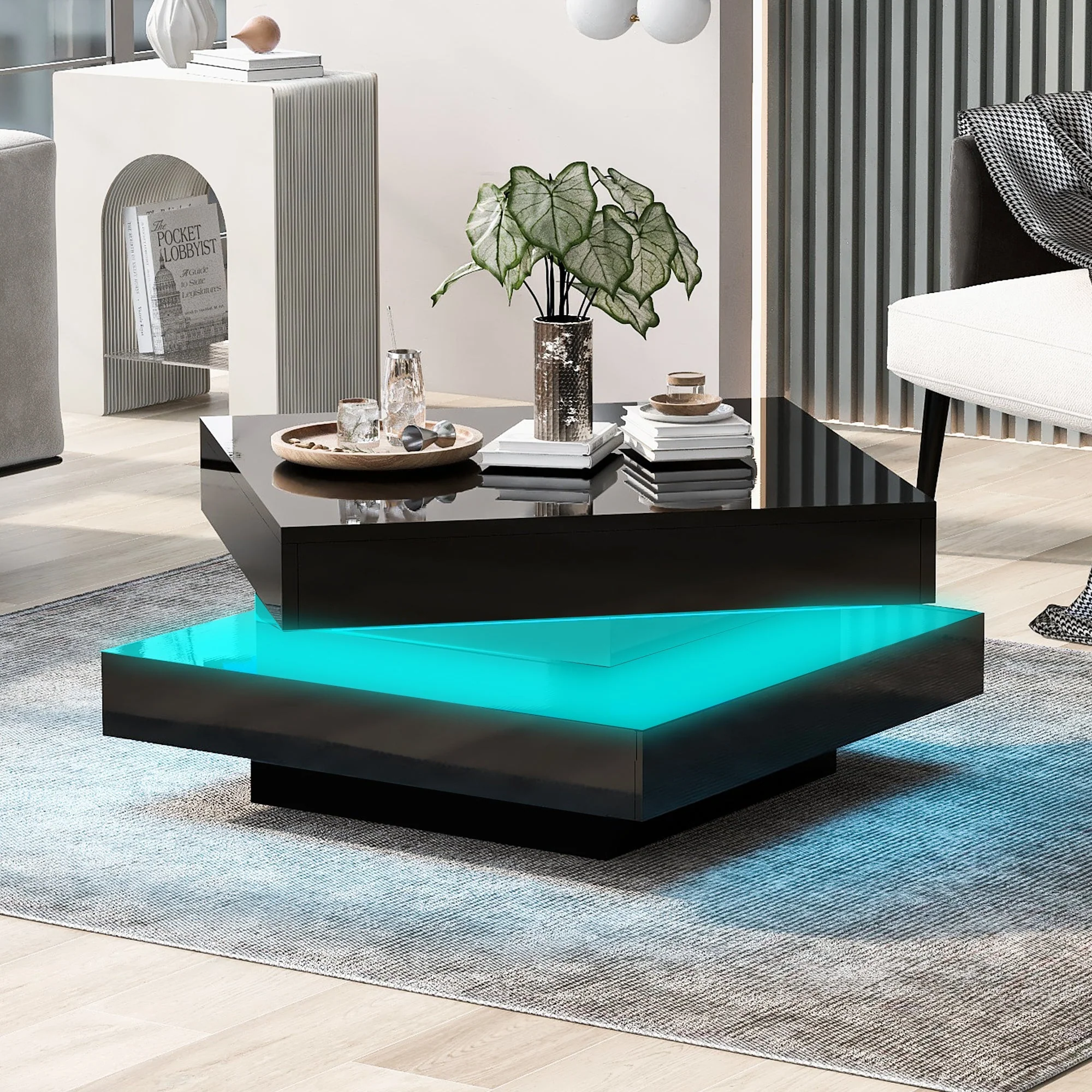 Square Coffee Table Rotating Top 16 LED Lights - High-Gloss Black - Image 3