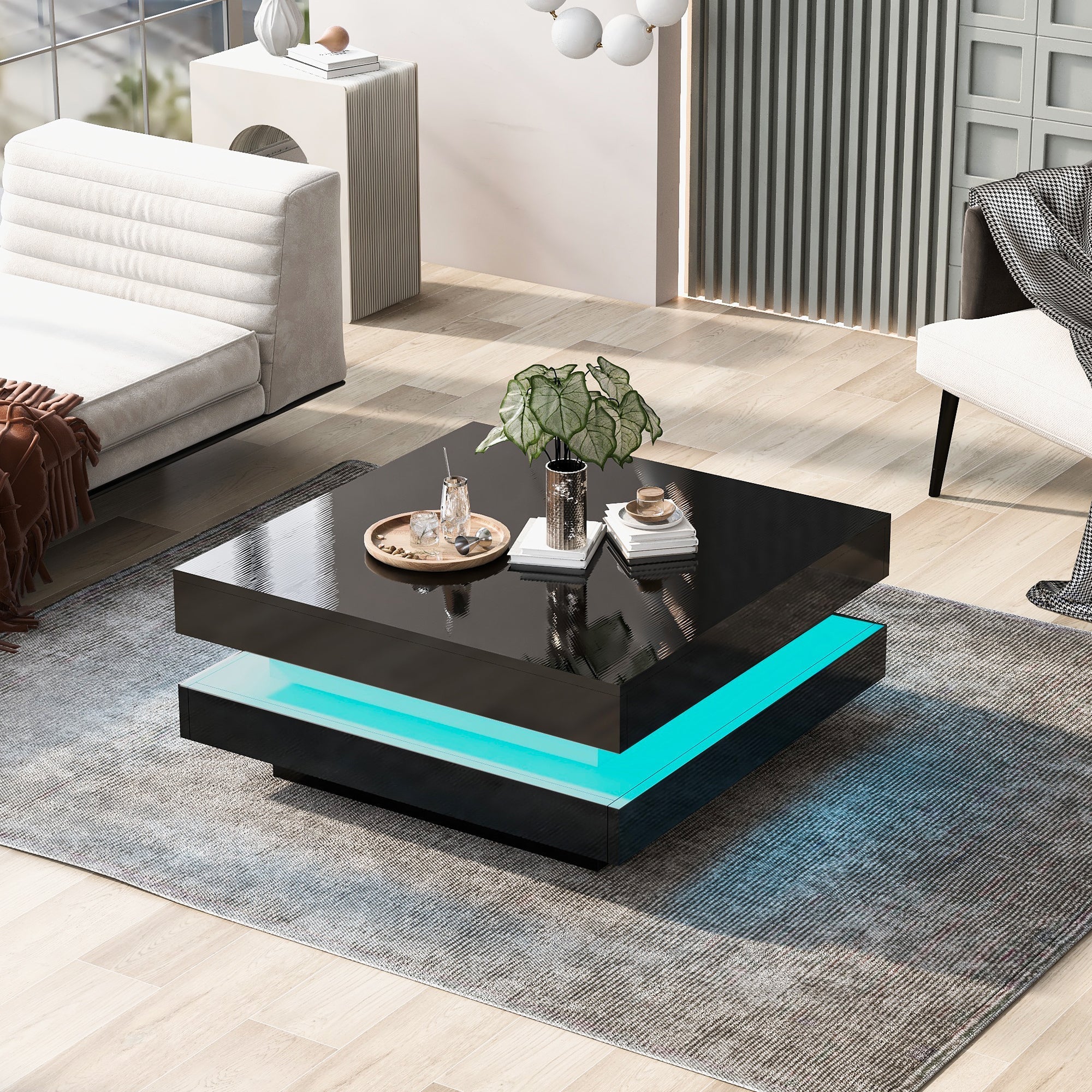 Square Coffee Table Rotating Top 16 LED Lights - High-Gloss Black - Image 4