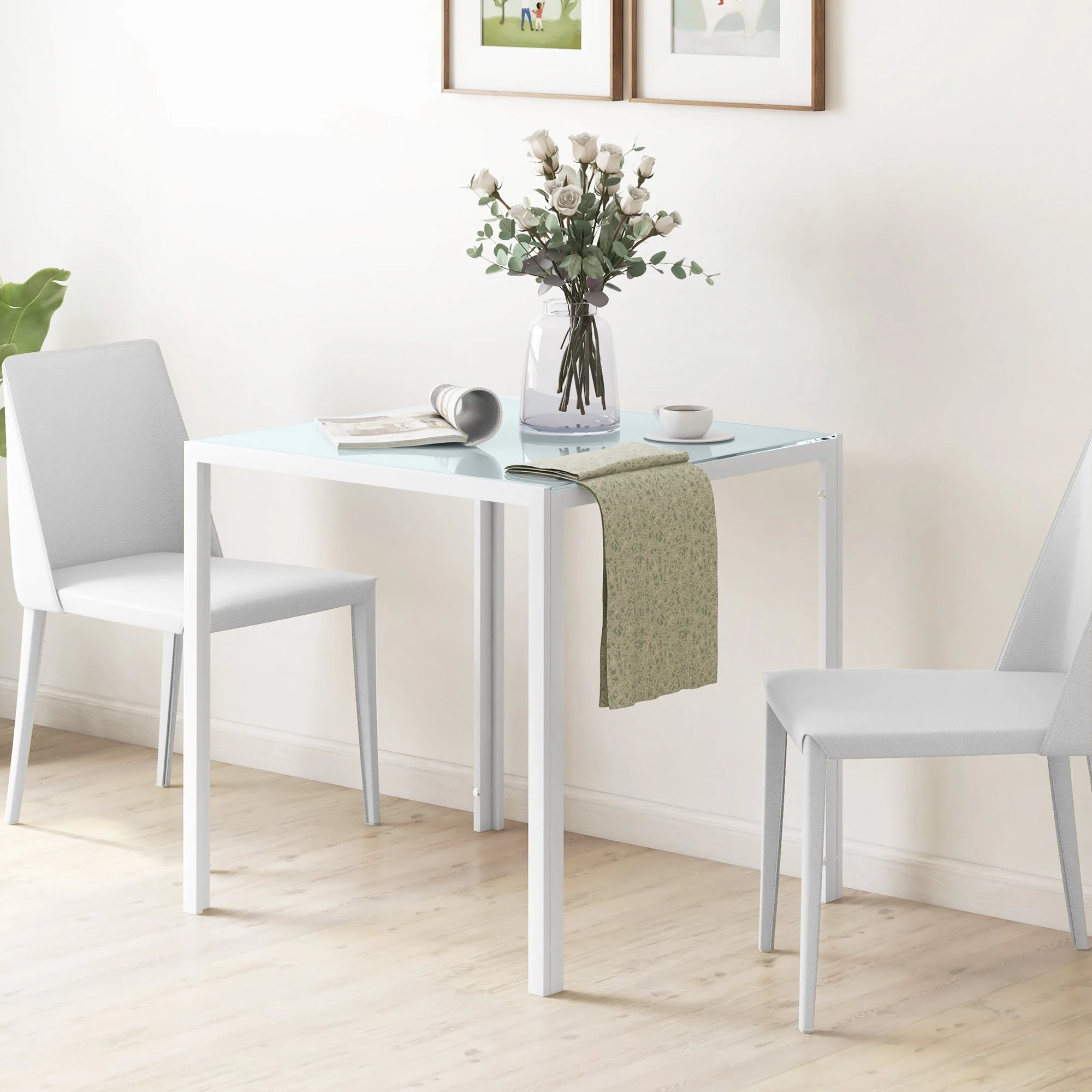 Square Dining Table 4 People Tempered Glass, White - Image 2