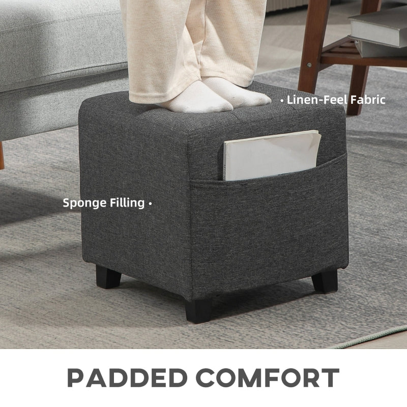 Square Footstool Small Ottoman with Side Pocket, Padded Seat, 35x35x35cm, Linen Fabric Grey - Image 6