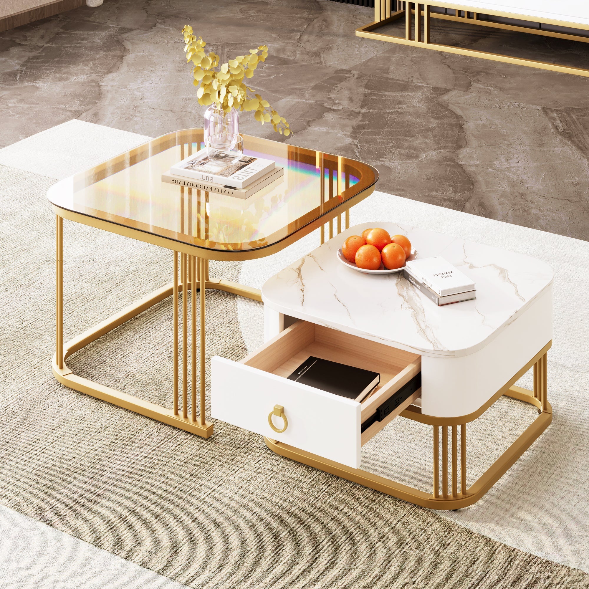 Stackable Coffee Table: High-Gloss Marble, Tea-Brown Glass, Gold Accents, Two-Piece Set - Image 2