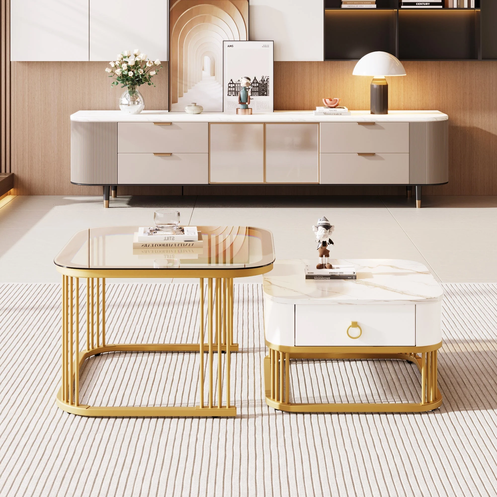 Stackable Coffee Table: High-Gloss Marble, Tea-Brown Glass, Gold Accents, Two-Piece Set - Image 7