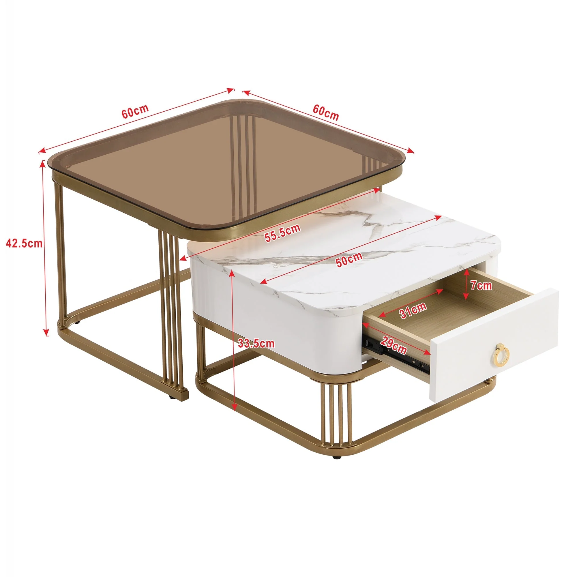 Stackable Coffee Table: High-Gloss Marble, Tea-Brown Glass, Gold Accents, Two-Piece Set - Image 8