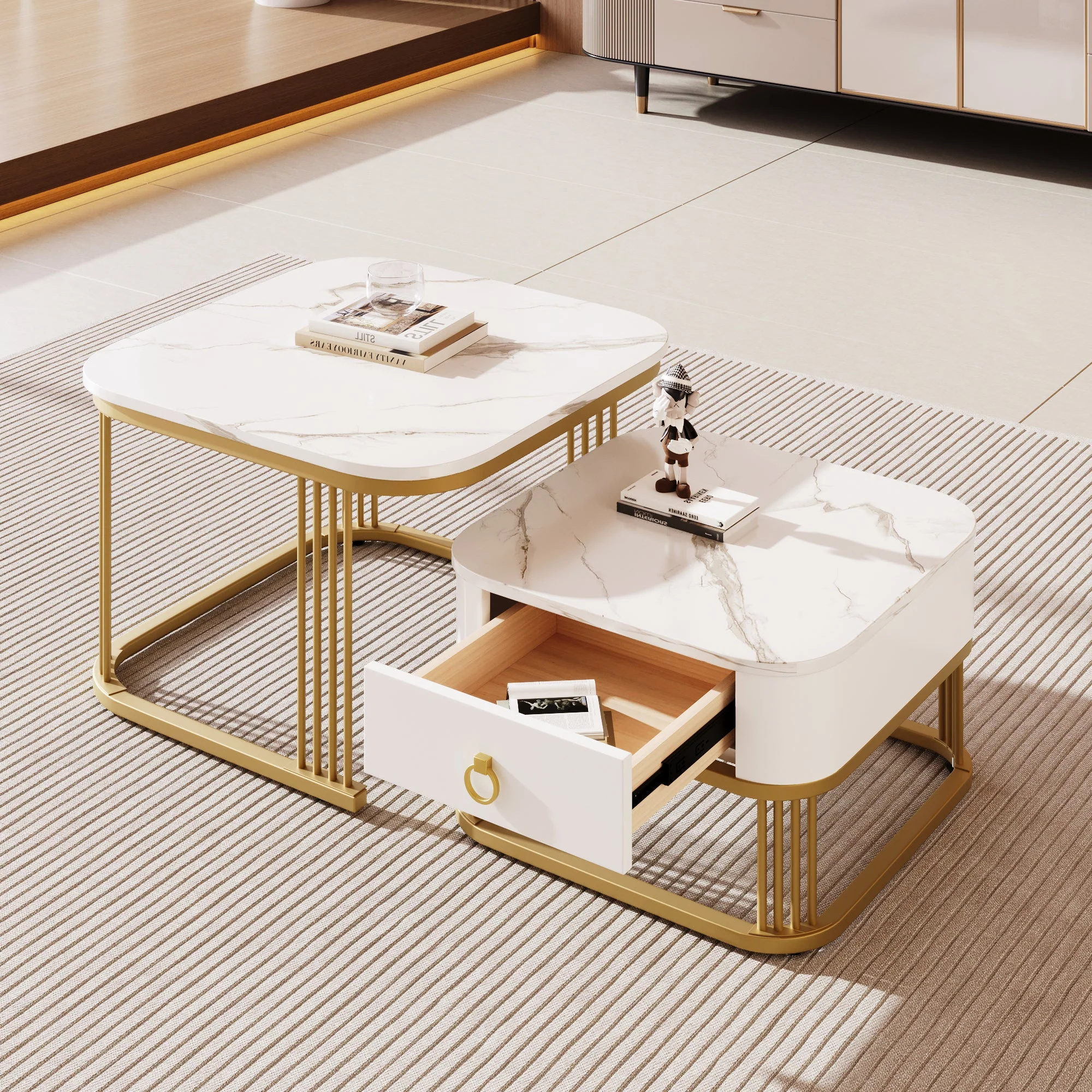 Stackable Coffee Table: Marble Look, Gold Accents, Two-Piece Set - Image 5