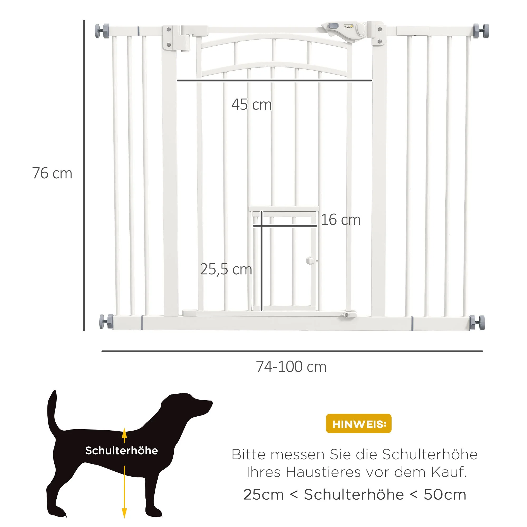 Stair Gate for Dogs, Automatic Closing, Cat Flap, Drill-Free, 74-100cm, White - Image 3