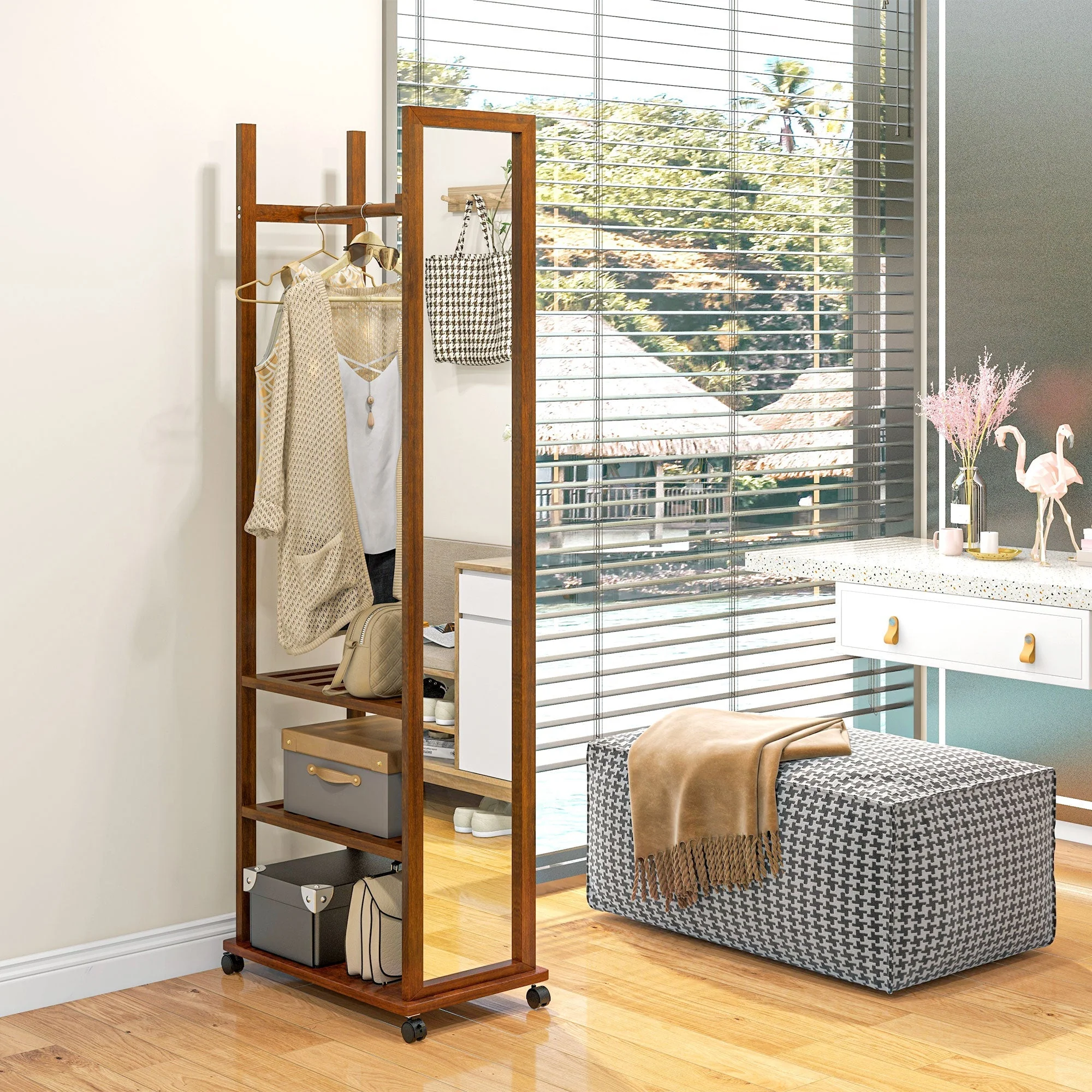 Standing Mirror with Wheels, 3 Levels Clothes Rail, Walnut - Image 2