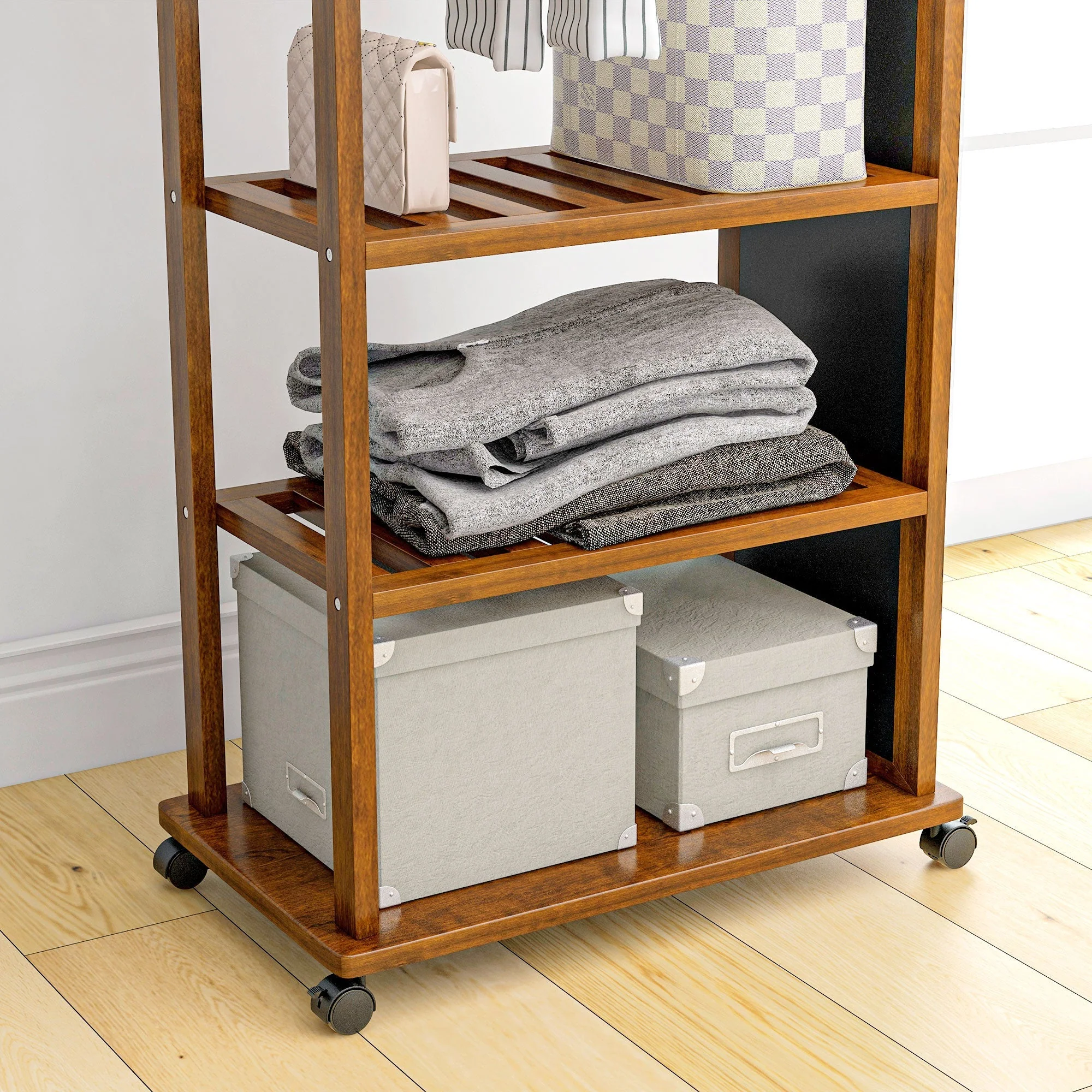 Standing Mirror with Wheels, 3 Levels Clothes Rail, Walnut - Image 8