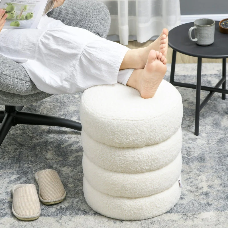 Stool footstool round upholstered with seat cushion cream white - Image 7