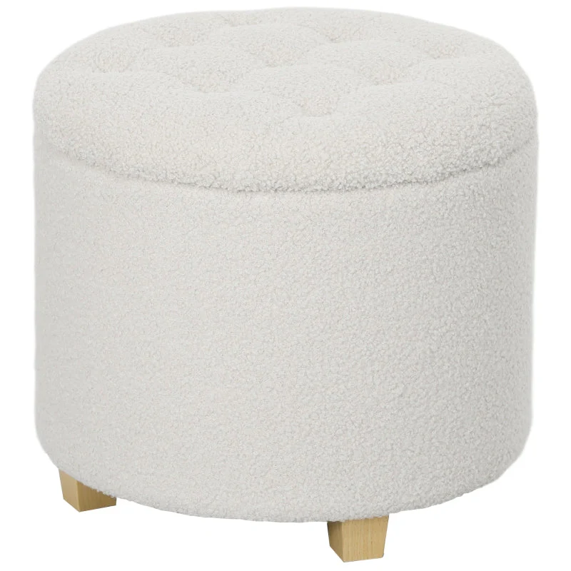 Stool with Storage Space, Round Footstool, Wooden Legs, White