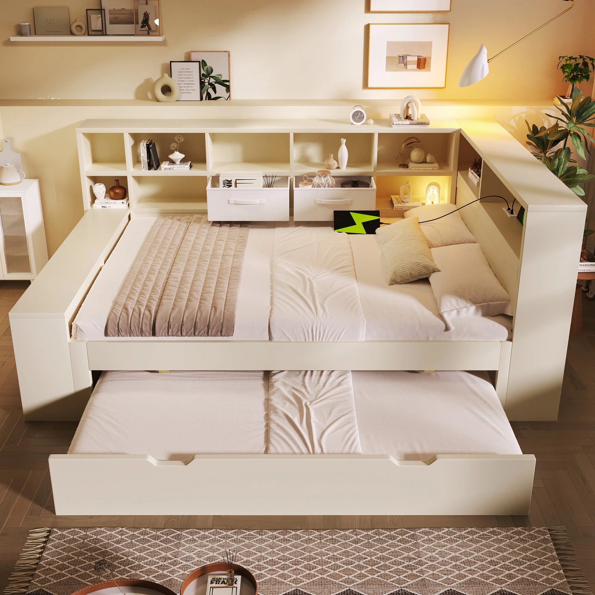 Storage Bed 140x200 with Pull-out Bed, 8 Storage Compartments and USB Charging Ports, White Wood - Image 9