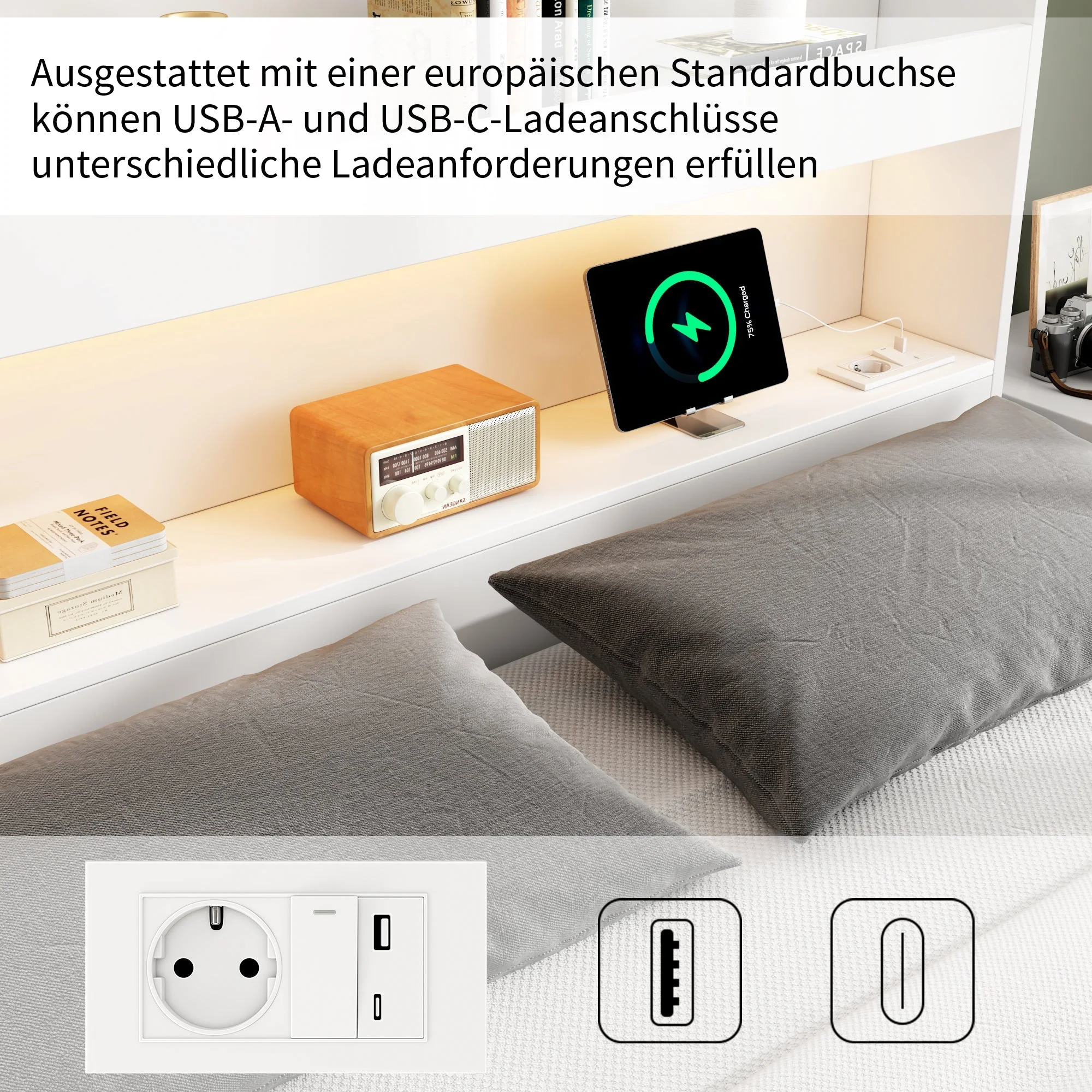 Storage Bed 140x200cm with USB, Power Outlet, LED and Drawers, White Solid Wood - Image 6
