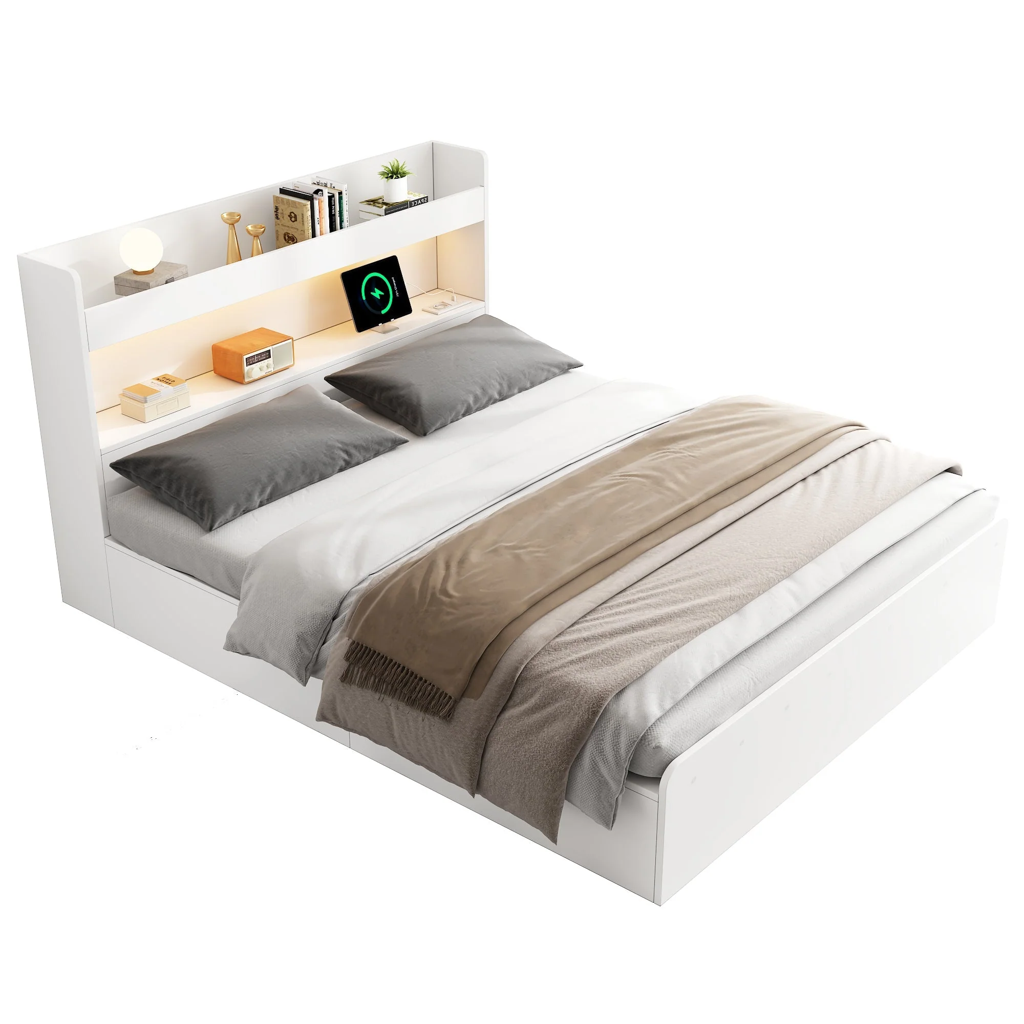 Storage Bed 140x200cm with USB, Power Outlet, LED and Drawers, White Solid Wood - Image 8