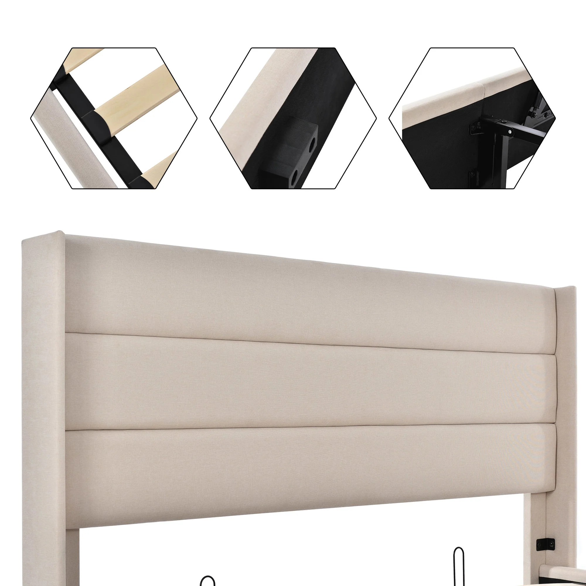 Storage Bed, Hydraulic Double 160x200cm, Upholstered Linen Beige - Image 8