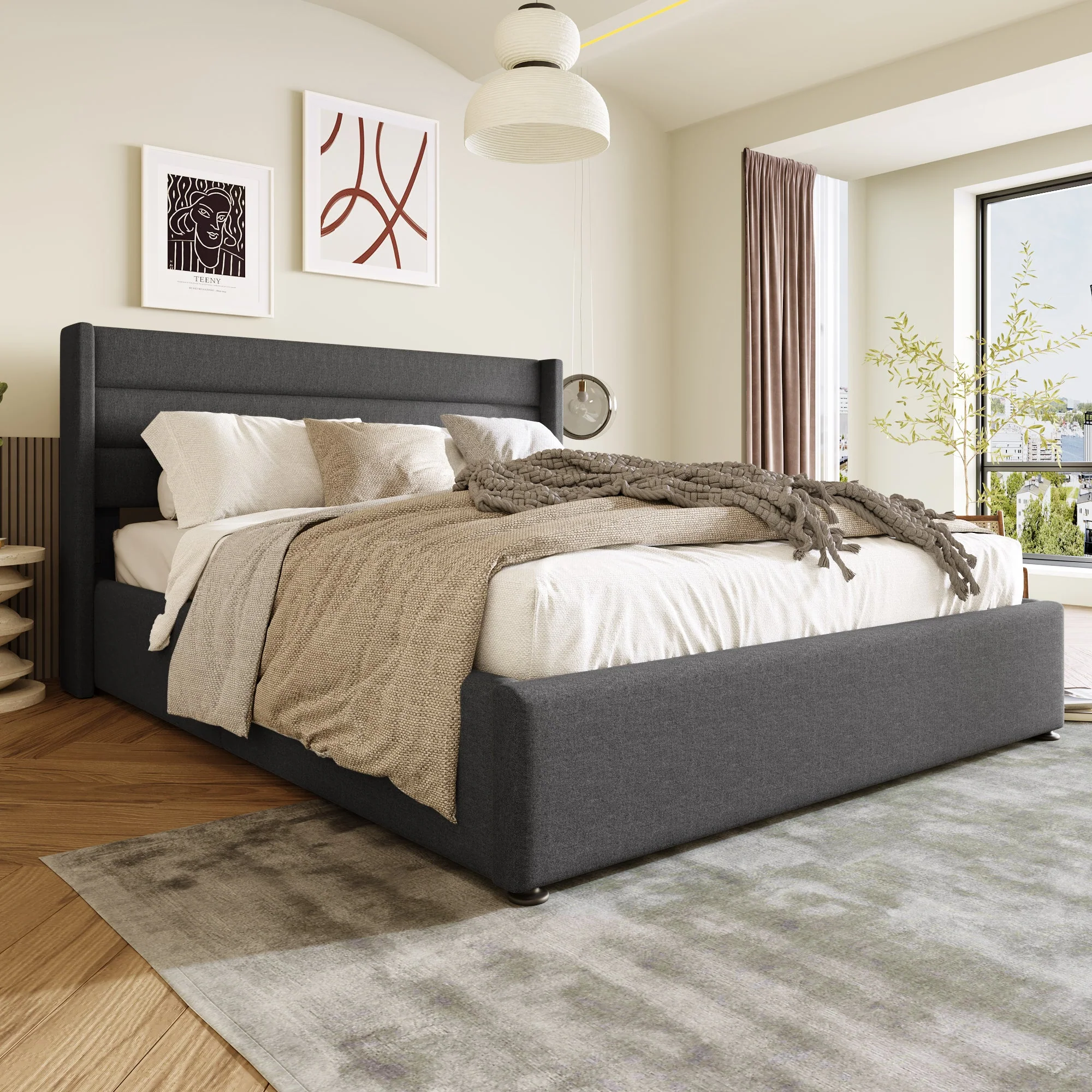 Storage Bed, Hydraulic Double 160x200cm with Mattress & Slatted Frame, Grey Linen - Image 2
