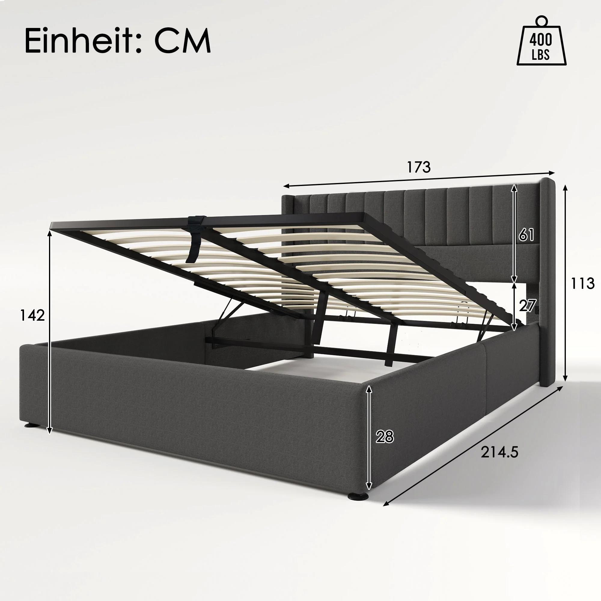 Storage Bed, Hydraulic Double 160x200cm Wooden & Metal Slatted Frame, Linen Grey - Image 2